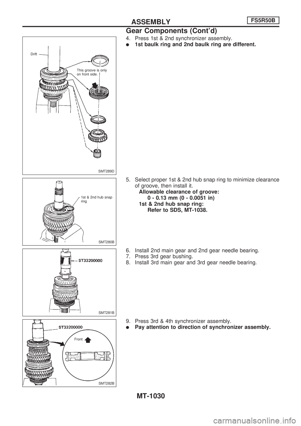 NISSAN PATROL 2000  Electronic Repair Manual 4. Press 1st & 2nd synchronizer assembly.
l1st baulk ring and 2nd baulk ring are different.
5. Select proper 1st & 2nd hub snap ring to minimize clearance
of groove, then install it.
Allowable clearan