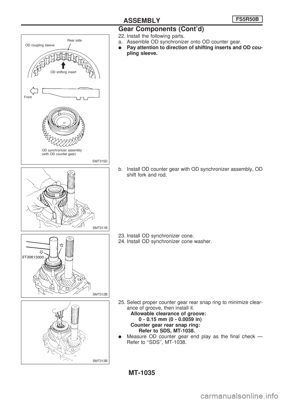 NISSAN PATROL 2000  Electronic Repair Manual 22. Install the following parts.
a. Assemble OD synchronizer onto OD counter gear.
lPay attention to direction of shifting inserts and OD cou-
pling sleeve.
b. Install OD counter gear with OD synchron