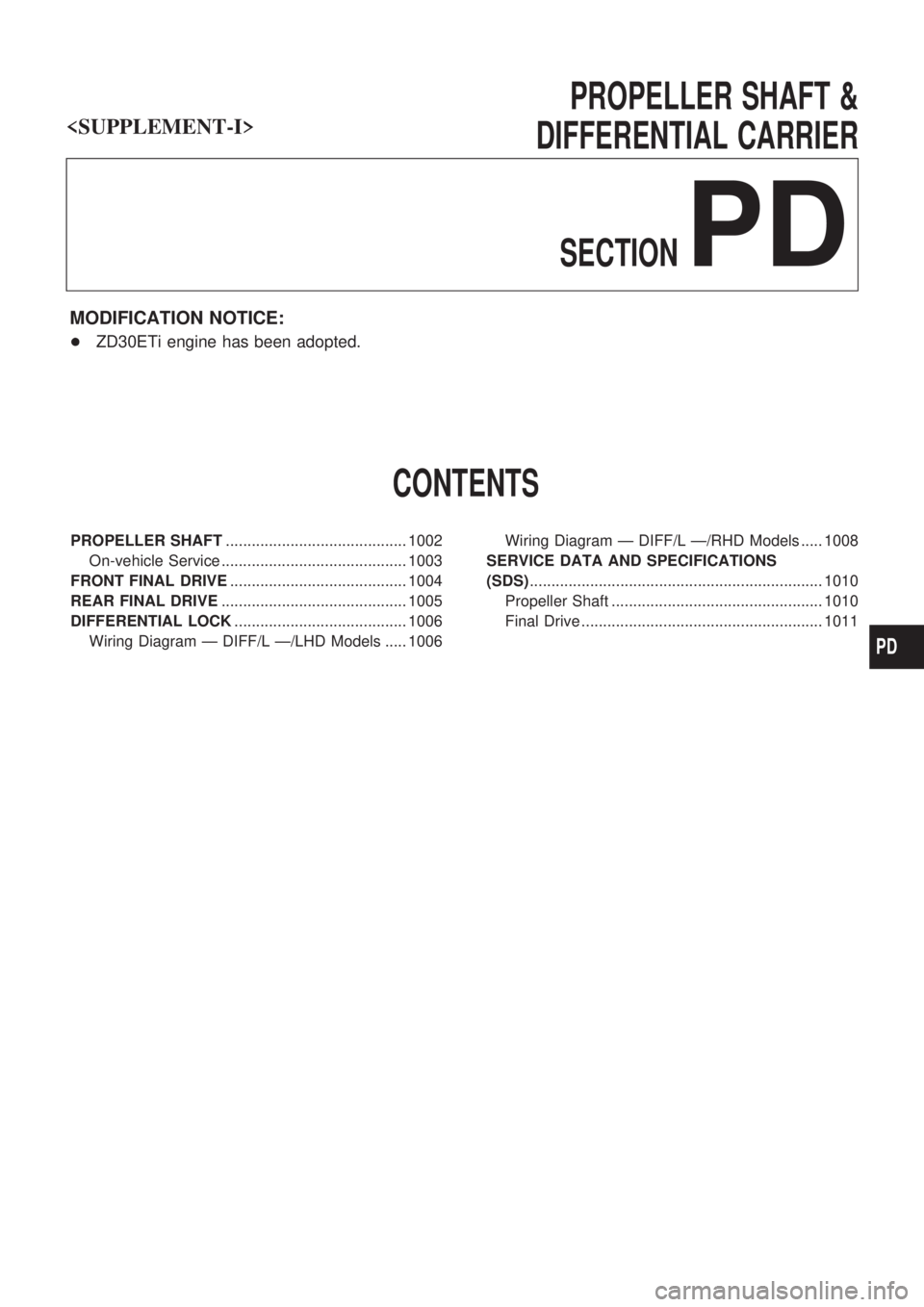 NISSAN PATROL 2000  Electronic Repair Manual PROPELLER SHAFT &
DIFFERENTIAL CARRIER
SECTION
PD
MODIFICATION NOTICE:
+ ZD30ETi engine has been adopted.
CONTENTS
PROPELLER SHAFT .......................................... 1002
On-vehicle Service ..