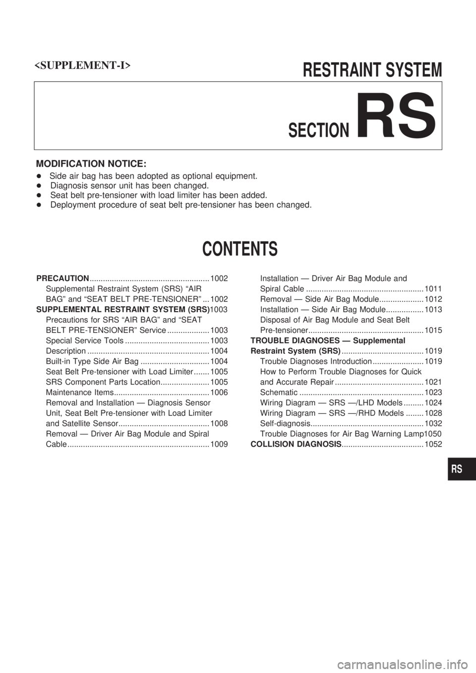 NISSAN PATROL 2000  Electronic Repair Manual RESTRAINT SYSTEM
SECTION
RS
MODIFICATION NOTICE:
+Side air bag has been adopted as optional equipment.
+Diagnosis sensor unit has been changed.
+Seat belt pre-tensioner with load limiter has been adde