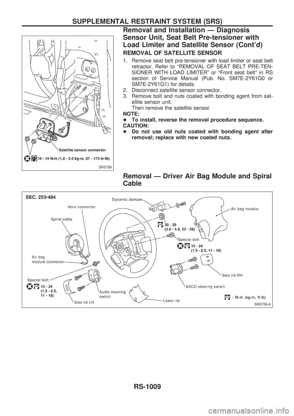 NISSAN PATROL 2000  Electronic Repair Manual REMOVAL OF SATELLITE SENSOR
1. Remove seat belt pre-tensioner with load limiter or seat belt
retractor. Refer to ªREMOVAL OF SEAT BELT PRE-TEN-
SIONER WITH LOAD LIMITERº or ªFront seat beltº in RS
