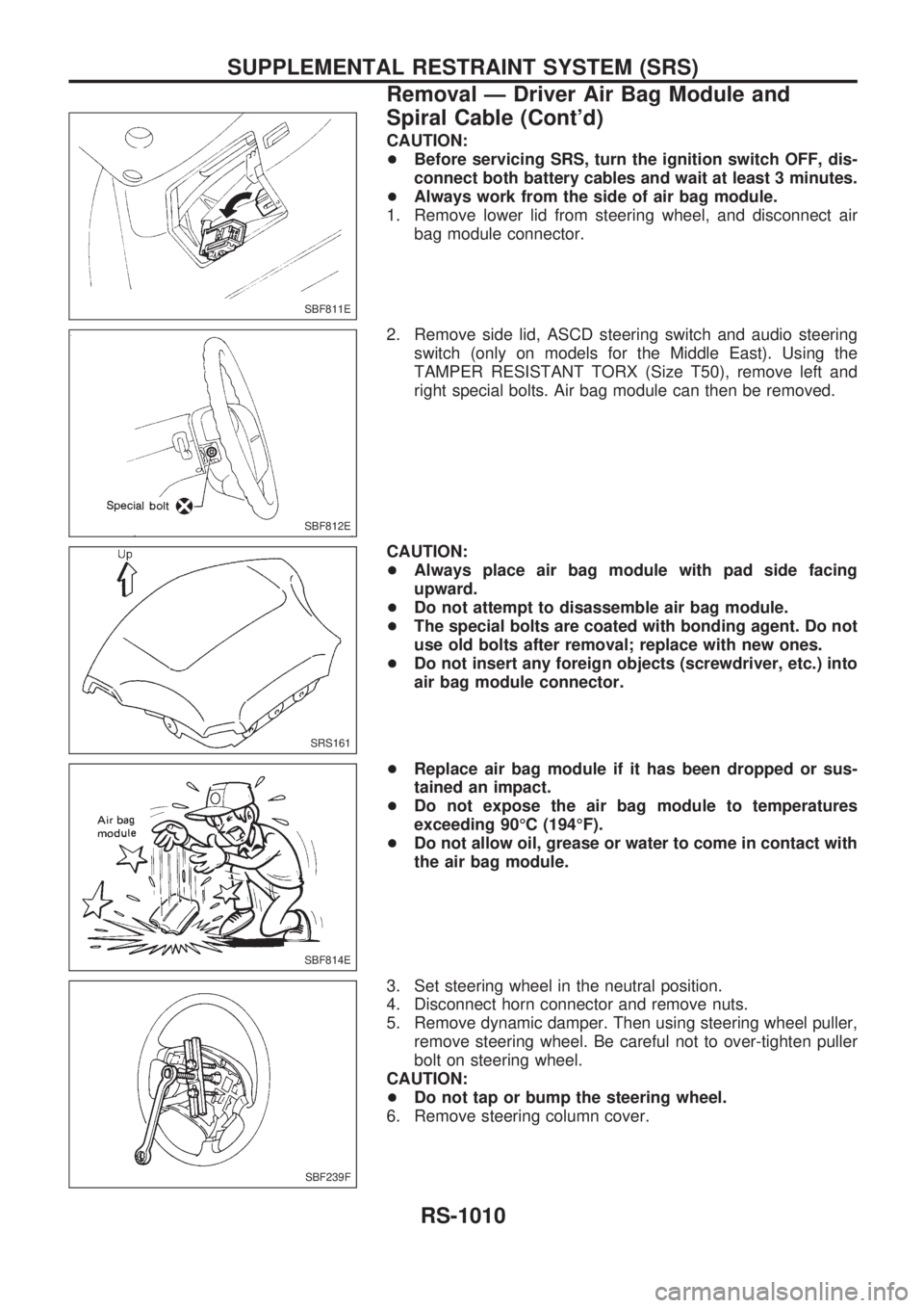 NISSAN PATROL 2000  Electronic Repair Manual CAUTION:
+Before servicing SRS, turn the ignition switch OFF, dis-
connect both battery cables and wait at least 3 minutes.
+Always work from the side of air bag module.
1. Remove lower lid from steer