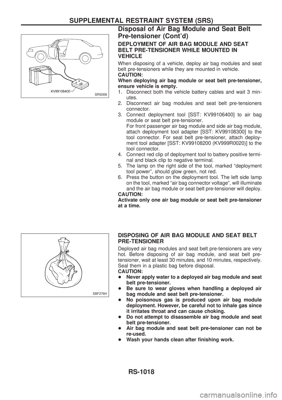 NISSAN PATROL 2000  Electronic Repair Manual DEPLOYMENT OF AIR BAG MODULE AND SEAT
BELT PRE-TENSIONER WHILE MOUNTED IN
VEHICLE
When disposing of a vehicle, deploy air bag modules and seat
belt pre-tensioners while they are mounted in vehicle.
CA