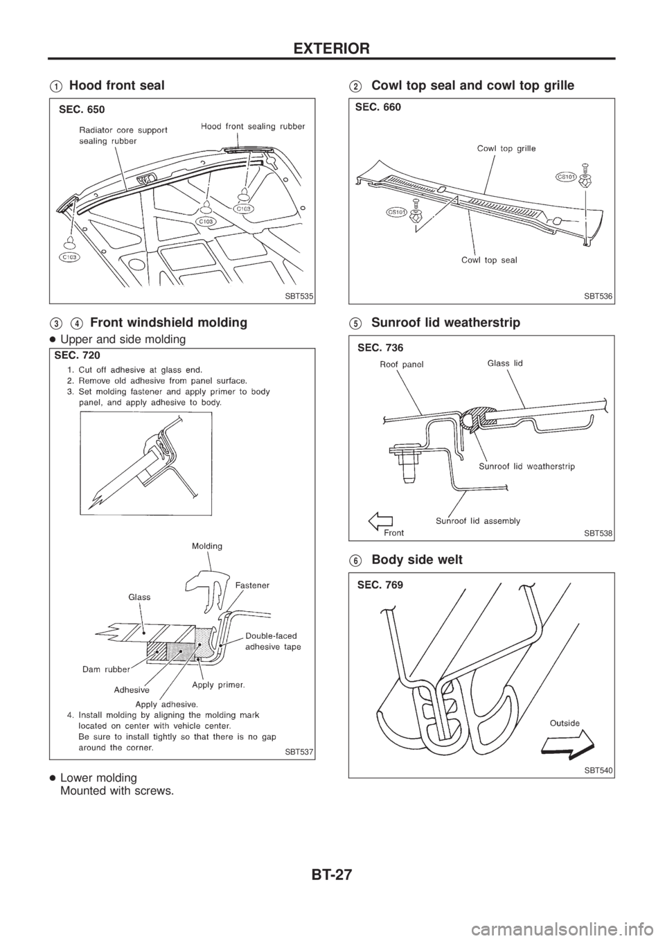 NISSAN PATROL 2006  Service Manual V1Hood front seal
V3V4Front windshield molding
+Upper and side molding
+Lower molding
Mounted with screws.
V2Cowl top seal and cowl top grille
V5Sunroof lid weatherstrip
V6Body side welt
SBT535
SBT537