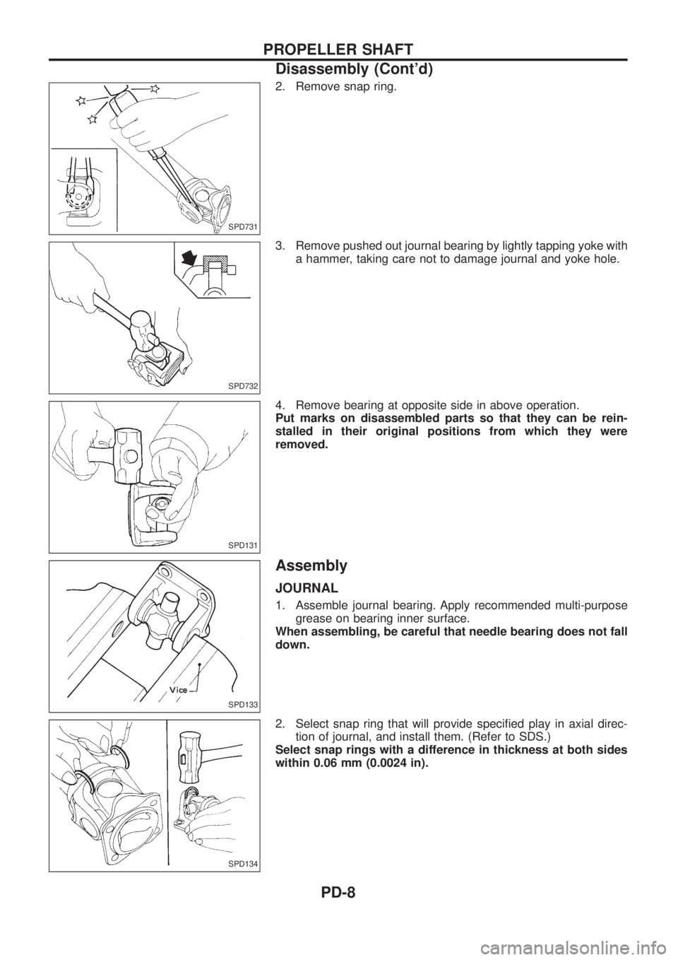NISSAN PATROL 2006  Service Manual 2. Remove snap ring.
3. Remove pushed out journal bearing by lightly tapping yoke with
a hammer, taking care not to damage journal and yoke hole.
4. Remove bearing at opposite side in above operation.