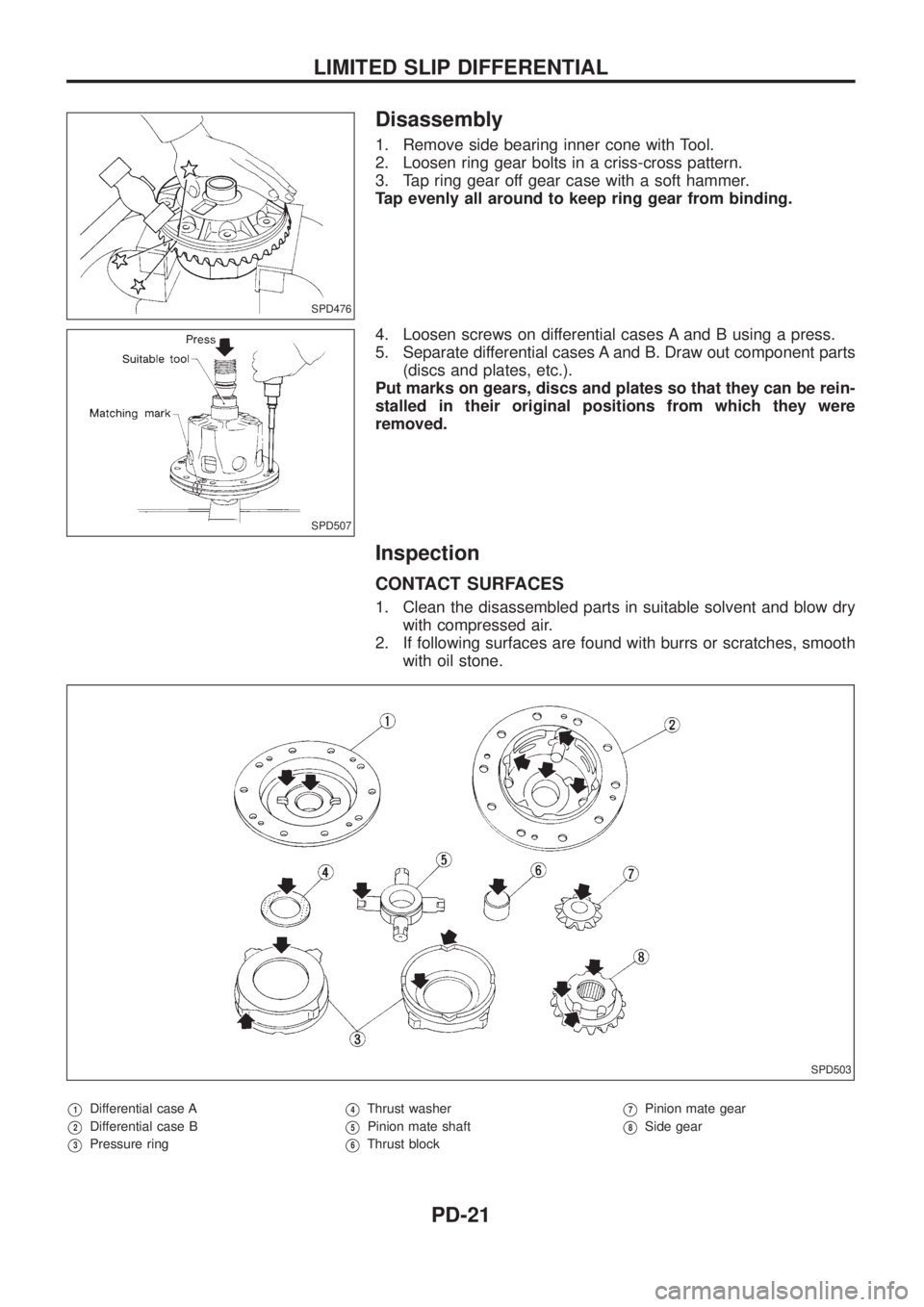 NISSAN PATROL 2006  Service Manual Disassembly
1. Remove side bearing inner cone with Tool.
2. Loosen ring gear bolts in a criss-cross pattern.
3. Tap ring gear off gear case with a soft hammer.
Tap evenly all around to keep ring gear 