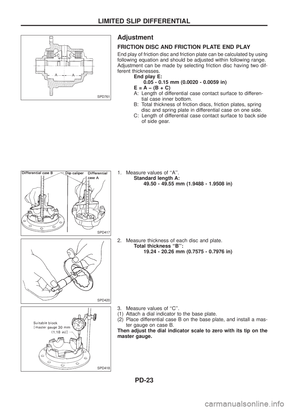 NISSAN PATROL 2006 Service Manual Adjustment
FRICTION DISC AND FRICTION PLATE END PLAY
End play of friction disc and friction plate can be calculated by using
following equation and should be adjusted within following range.
Adjustmen NISSAN PATROL 2006 Service Manual Adjustment
FRICTION DISC AND FRICTION PLATE END PLAY
End play of friction disc and friction plate can be calculated by using
following equation and should be adjusted within following range.
Adjustmen