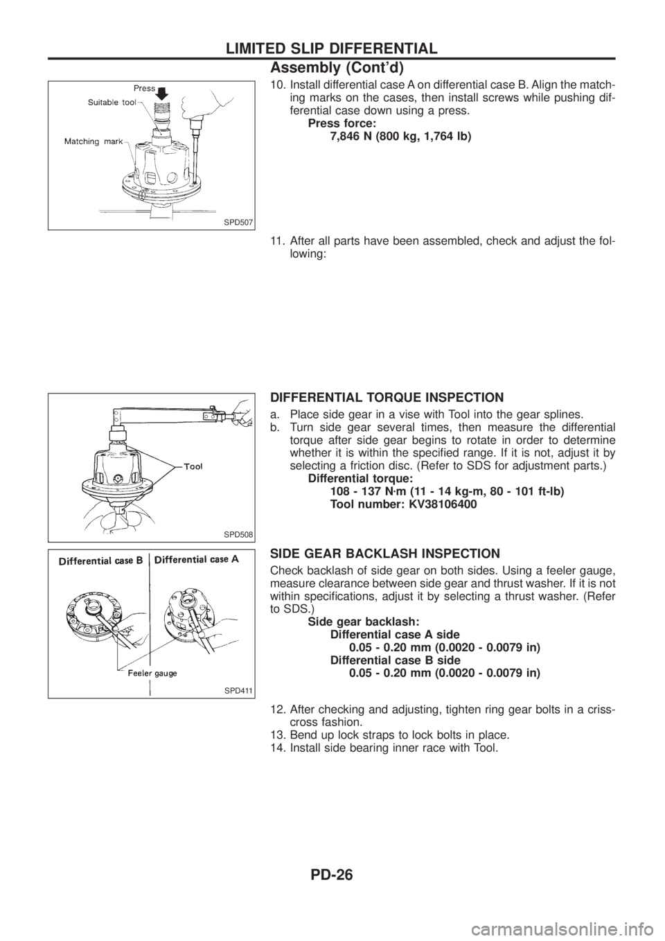 NISSAN PATROL 2006 Service Manual 10. Install differential case A on differential case B. Align the match-
ing marks on the cases, then install screws while pushing dif-
ferential case down using a press.
Press force:
7,846 N (800 kg, NISSAN PATROL 2006 Service Manual 10. Install differential case A on differential case B. Align the match-
ing marks on the cases, then install screws while pushing dif-
ferential case down using a press.
Press force:
7,846 N (800 kg,