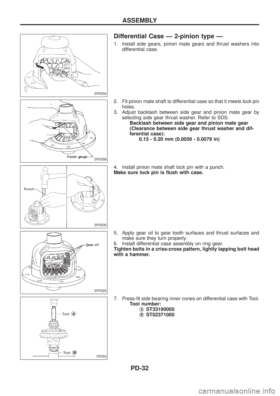 NISSAN PATROL 2006  Service Manual Differential Case Ð 2-pinion type Ð
1. Install side gears, pinion mate gears and thrust washers into
differential case.
2. Fit pinion mate shaft to differential case so that it meets lock pin
holes.