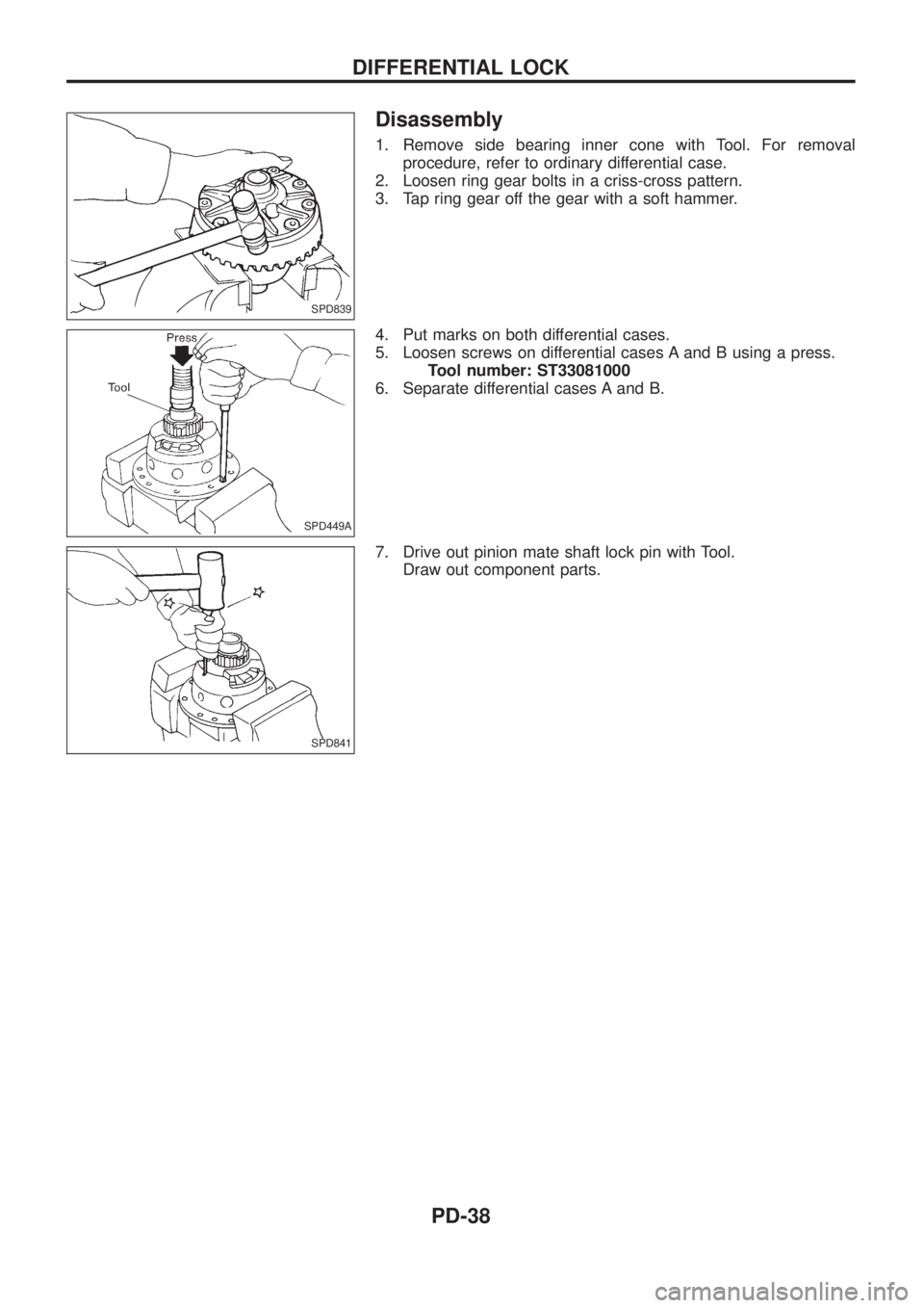 NISSAN PATROL 2006  Service Manual Disassembly
1. Remove side bearing inner cone with Tool. For removal
procedure, refer to ordinary differential case.
2. Loosen ring gear bolts in a criss-cross pattern.
3. Tap ring gear off the gear w
