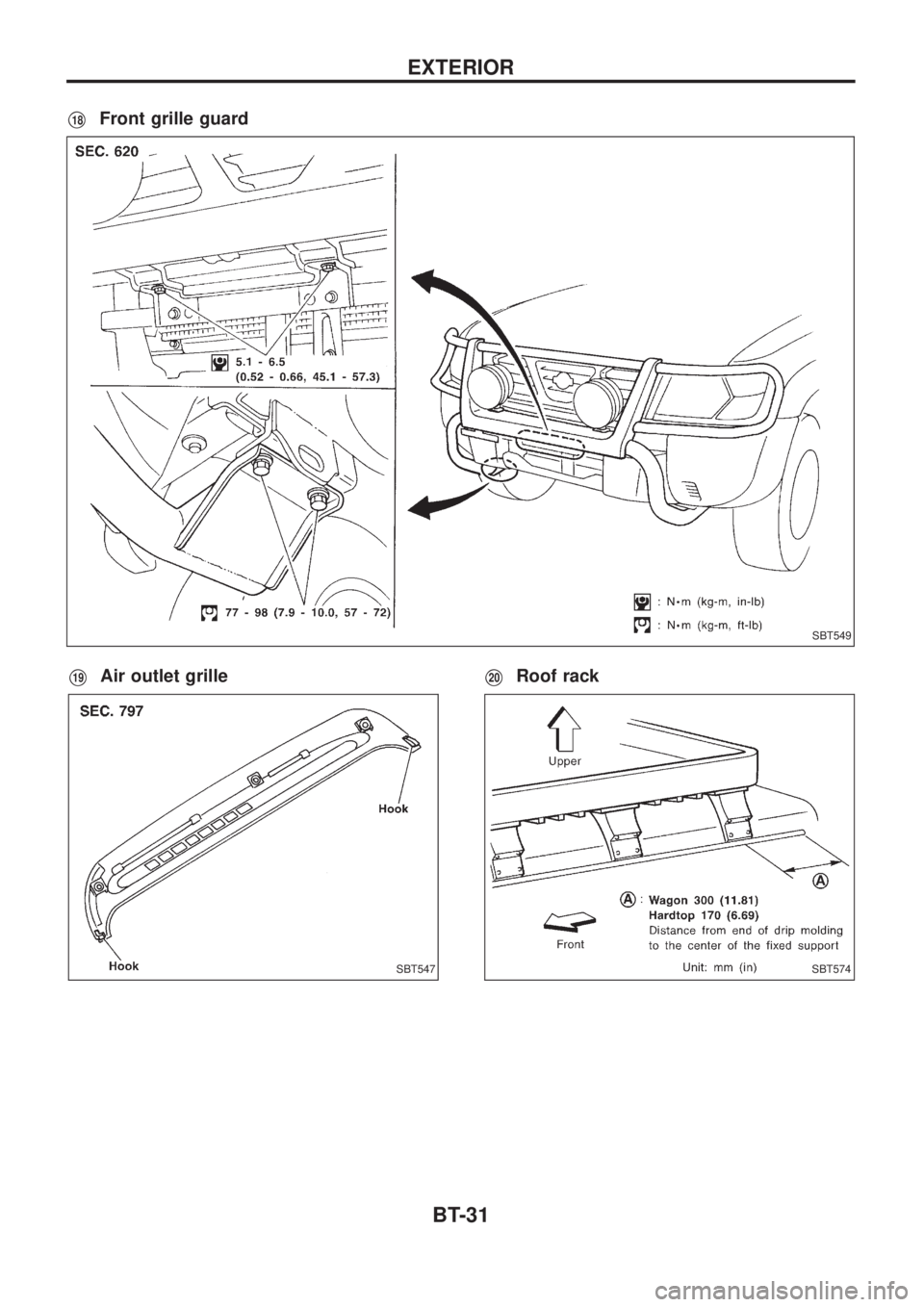 NISSAN PATROL 2006  Service Manual V18Front grille guard
V19Air outlet grilleV20Roof rack
SBT549
SBT547SBT574
EXTERIOR
BT-31 