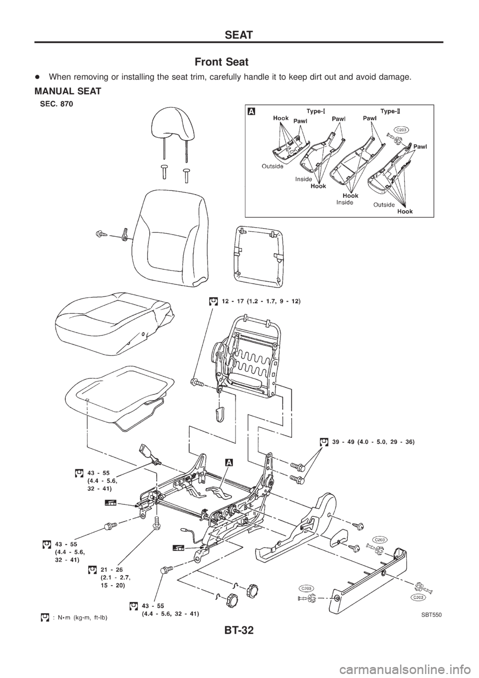 NISSAN PATROL 2006  Service Manual Front Seat
+When removing or installing the seat trim, carefully handle it to keep dirt out and avoid damage.
MANUAL SEAT
SBT550
SEAT
BT-32 
