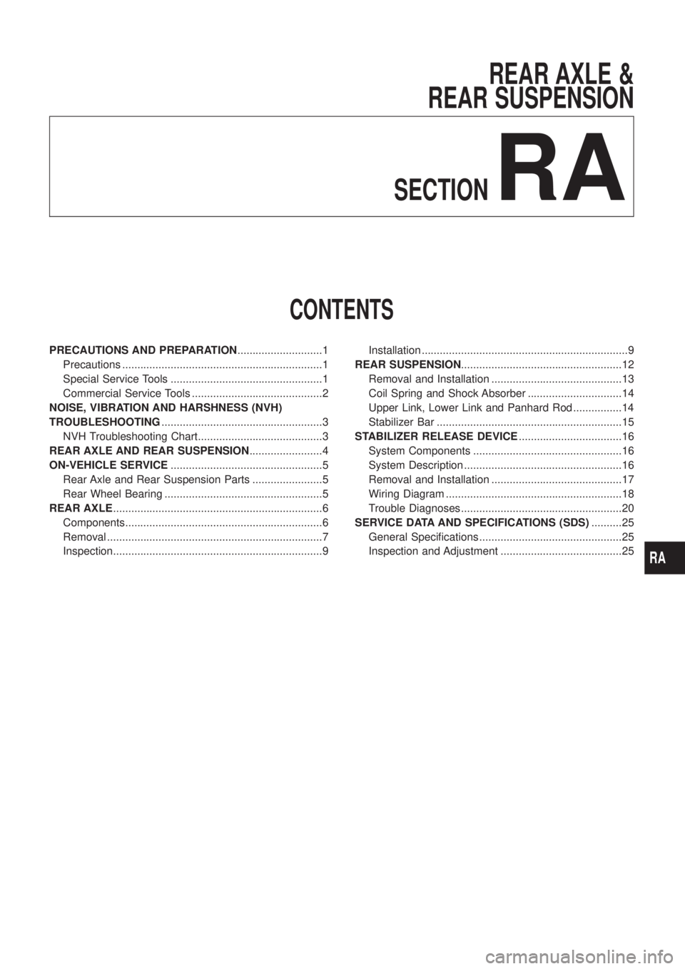 NISSAN PATROL 2006 Service Manual REAR AXLE &
REAR SUSPENSION
SECTION
RA
CONTENTS
PRECAUTIONS AND PREPARATION............................1
Precautions ..................................................................1
Special Service NISSAN PATROL 2006 Service Manual REAR AXLE &
REAR SUSPENSION
SECTION
RA
CONTENTS
PRECAUTIONS AND PREPARATION............................1
Precautions ..................................................................1
Special Service