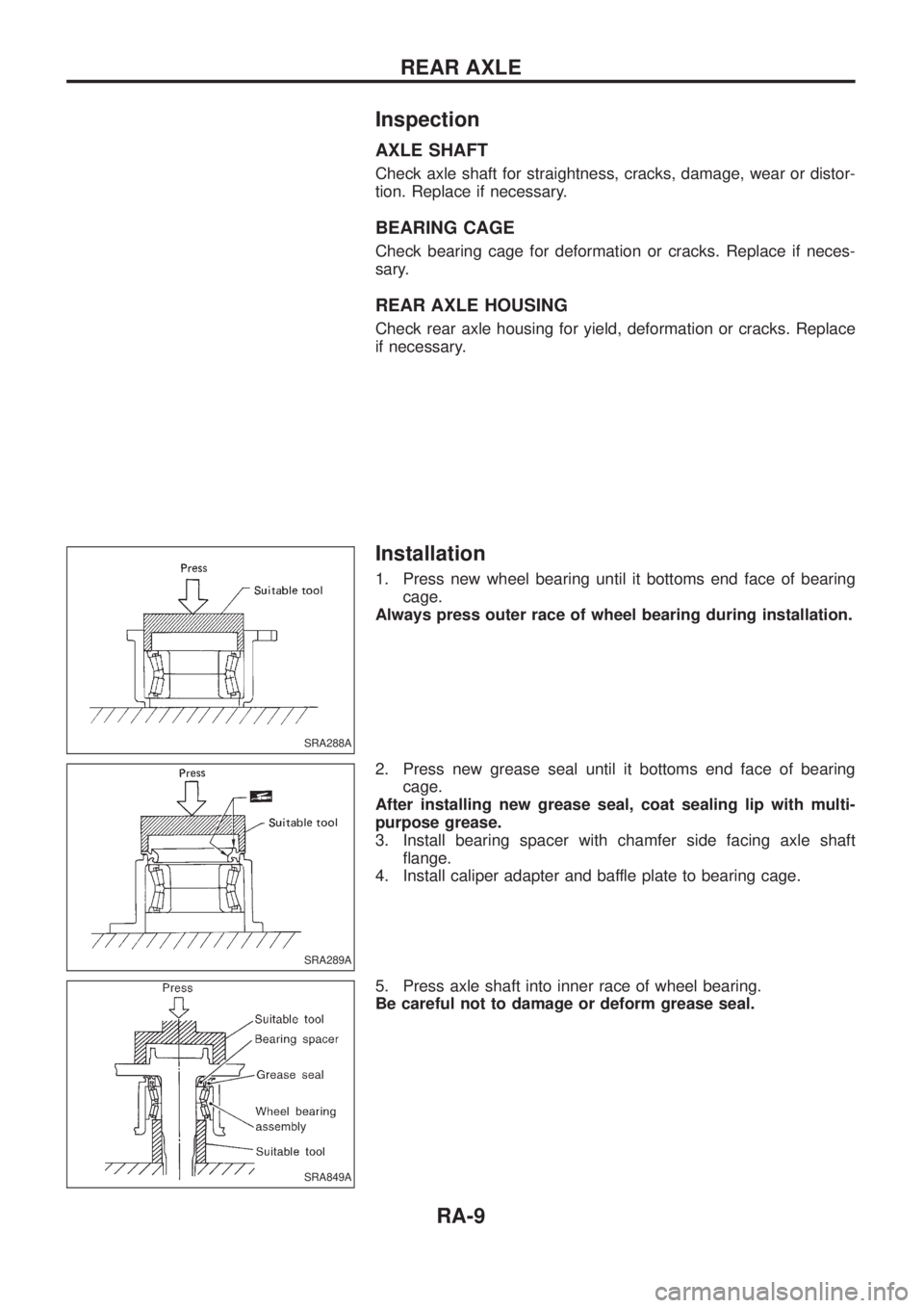 NISSAN PATROL 2006  Service Manual Inspection
AXLE SHAFT
Check axle shaft for straightness, cracks, damage, wear or distor-
tion. Replace if necessary.
BEARING CAGE
Check bearing cage for deformation or cracks. Replace if neces-
sary.
