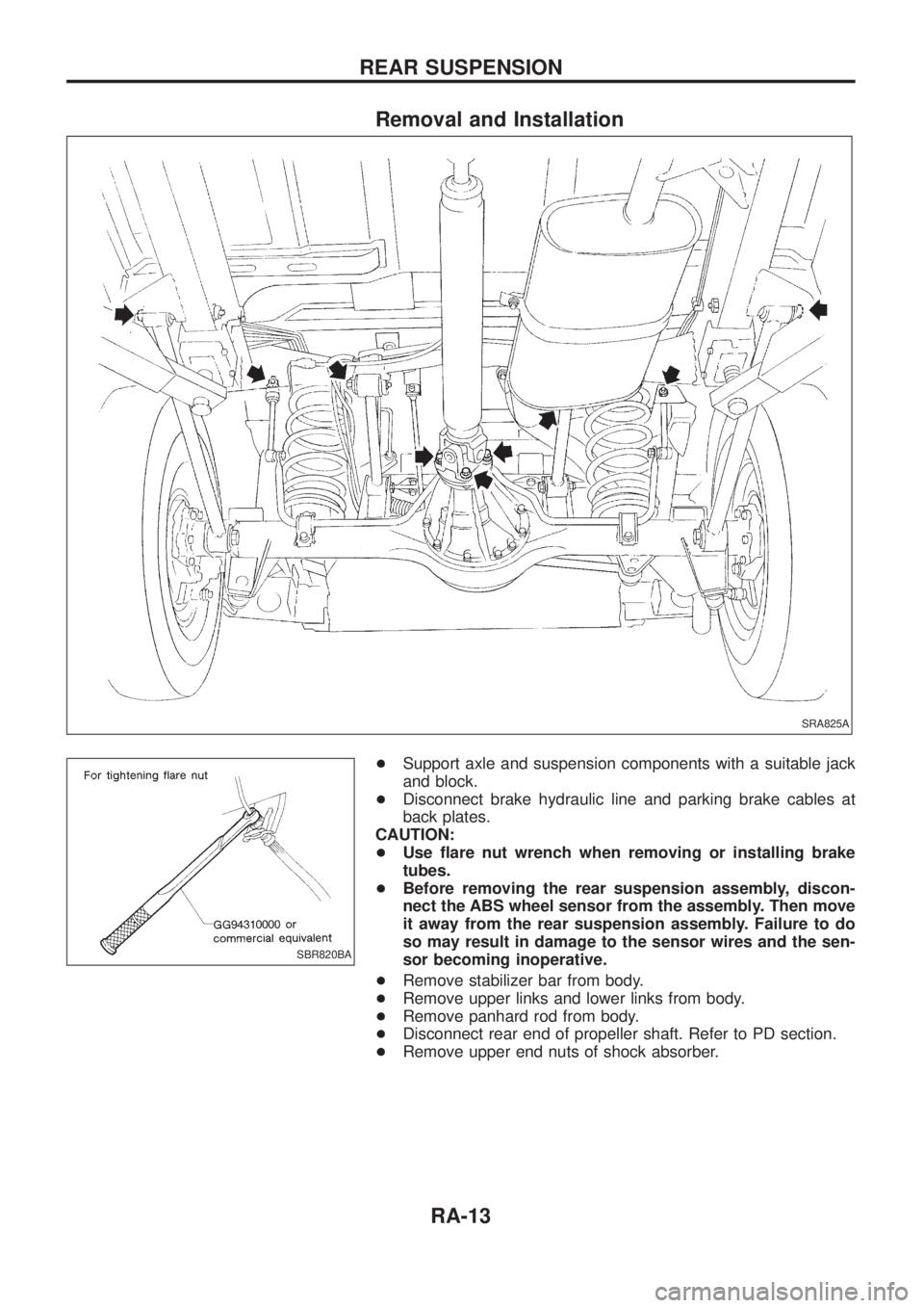 NISSAN PATROL 2006  Service Manual Removal and Installation
+Support axle and suspension components with a suitable jack
and block.
+Disconnect brake hydraulic line and parking brake cables at
back plates.
CAUTION:
+Use ¯are nut wrenc