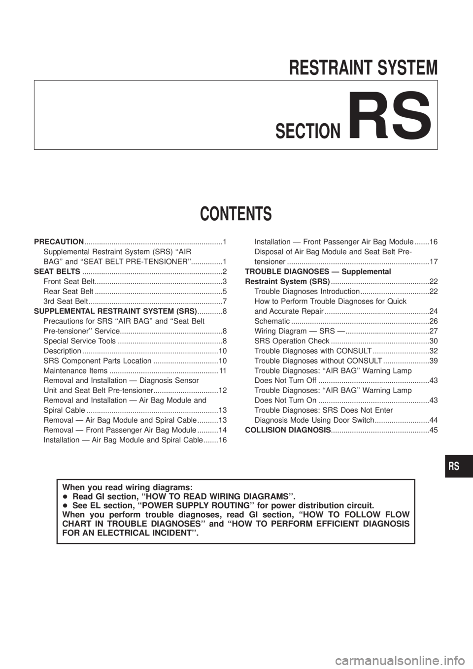 NISSAN PATROL 2006 Service Manual RESTRAINT SYSTEM
SECTION
RS
CONTENTS
PRECAUTION..................................................................1
Supplemental Restraint System (SRS) ``AIR
BAG and ``SEAT BELT PRE-TENSIONER...... NISSAN PATROL 2006 Service Manual RESTRAINT SYSTEM
SECTION
RS
CONTENTS
PRECAUTION..................................................................1
Supplemental Restraint System (SRS) ``AIR
BAG and ``SEAT BELT PRE-TENSIONER......
