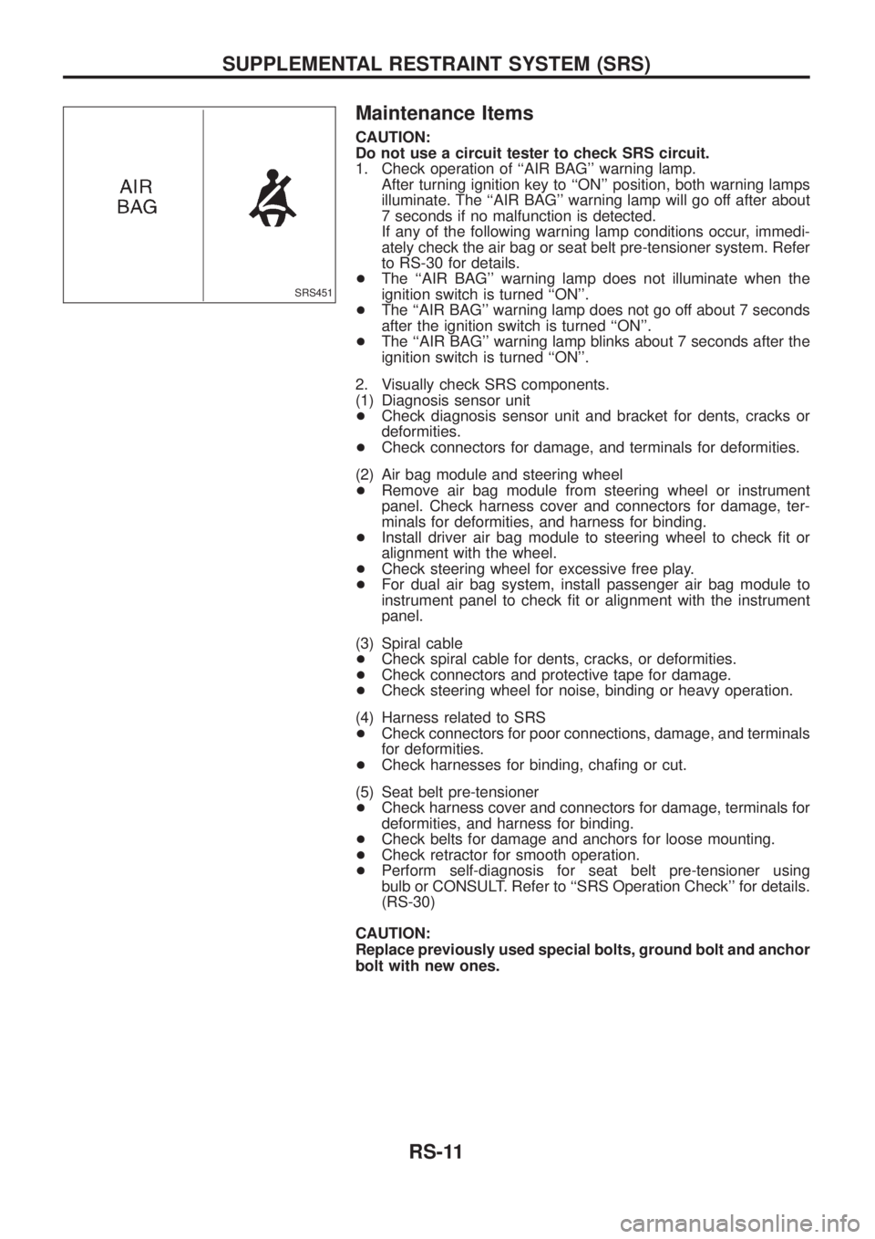 NISSAN PATROL 2006  Service Manual Maintenance Items
CAUTION:
Do not use a circuit tester to check SRS circuit.
1. Check operation of ``AIR BAG warning lamp.
After turning ignition key to ``ON position, both warning lamps
illuminat