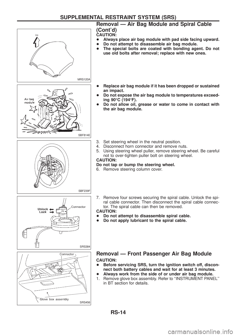 NISSAN PATROL 2006  Service Manual CAUTION:
+Always place air bag module with pad side facing upward.
+Do not attempt to disassemble air bag module.
+The special bolts are coated with bonding agent. Do not
use old bolts after removal; 