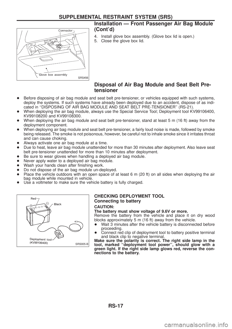 NISSAN PATROL 2006  Service Manual 4. Install glove box assembly. (Glove box lid is open.)
5. Close the glove box lid.
Disposal of Air Bag Module and Seat Belt Pre-
tensioner
+Before disposing of air bag module and seat belt pre-tensio