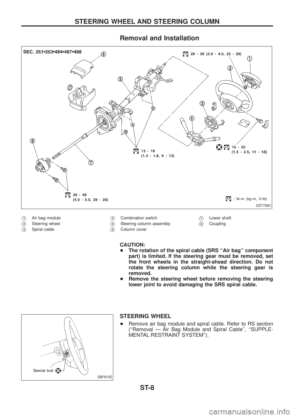 NISSAN PATROL 2006  Service Manual Removal and Installation
V1Air bag module
V2Steering wheel
V3Spiral cable
V4Combination switch
V5Steering column assembly
V6Column cover
V7Lower shaft
V8Coupling
CAUTION:
+The rotation of the spiral c