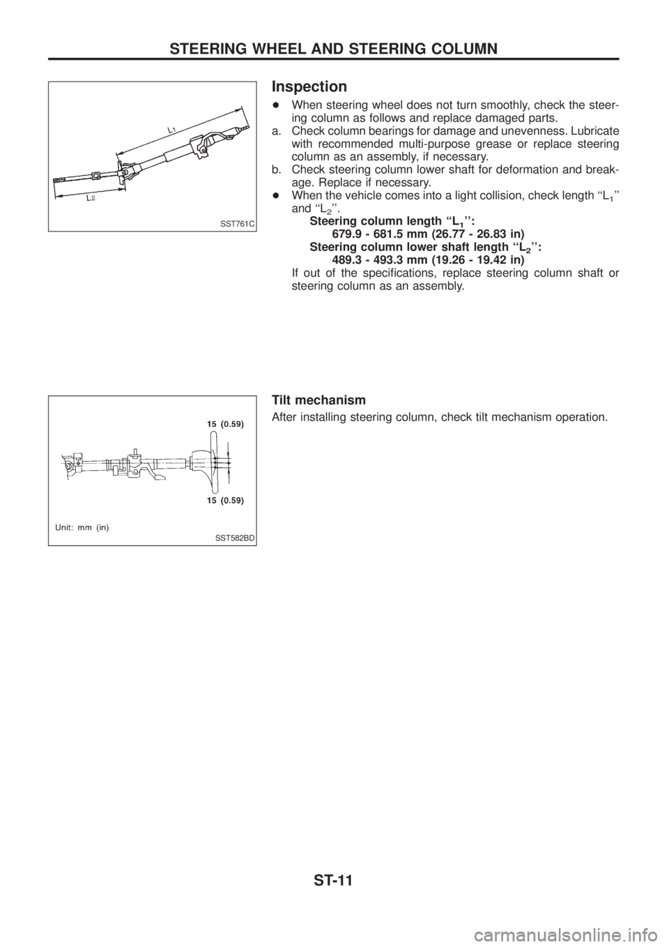 NISSAN PATROL 2006  Service Manual Inspection
+When steering wheel does not turn smoothly, check the steer-
ing column as follows and replace damaged parts.
a. Check column bearings for damage and unevenness. Lubricate
with recommended