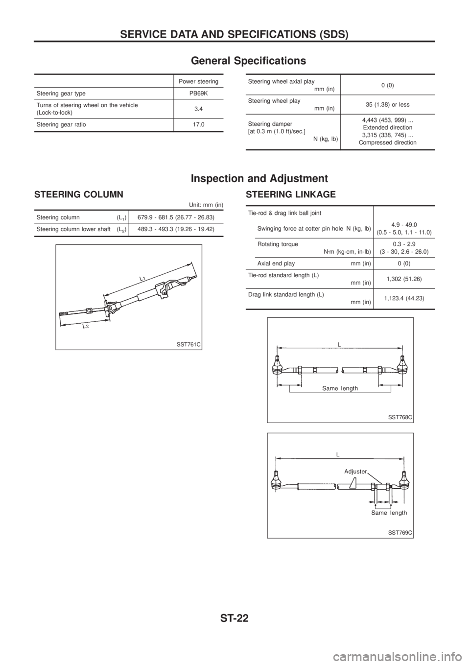 NISSAN PATROL 2006  Service Manual General Speci®cations
Power steering
Steering gear type PB69K
Turns of steering wheel on the vehicle
(Lock-to-lock)3.4
Steering gear ratio 17.0Steering wheel axial play
mm (in)0 (0)
Steering wheel pl
