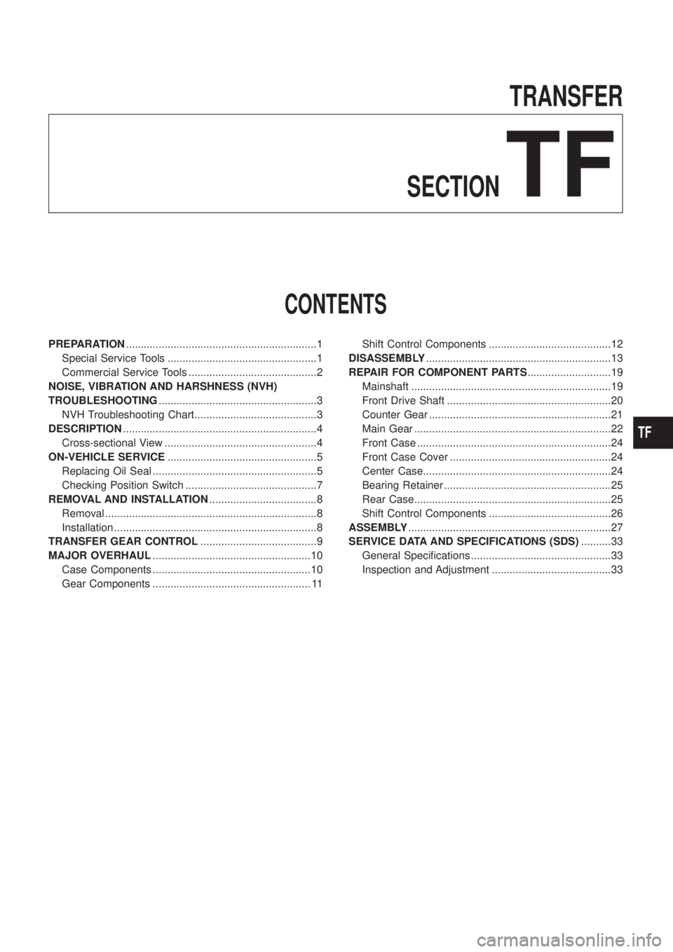 NISSAN PATROL 2006  Service Manual TRANSFER
SECTION
TF
CONTENTS
PREPARATION................................................................1
Special Service Tools ..................................................1
Commercial Service T