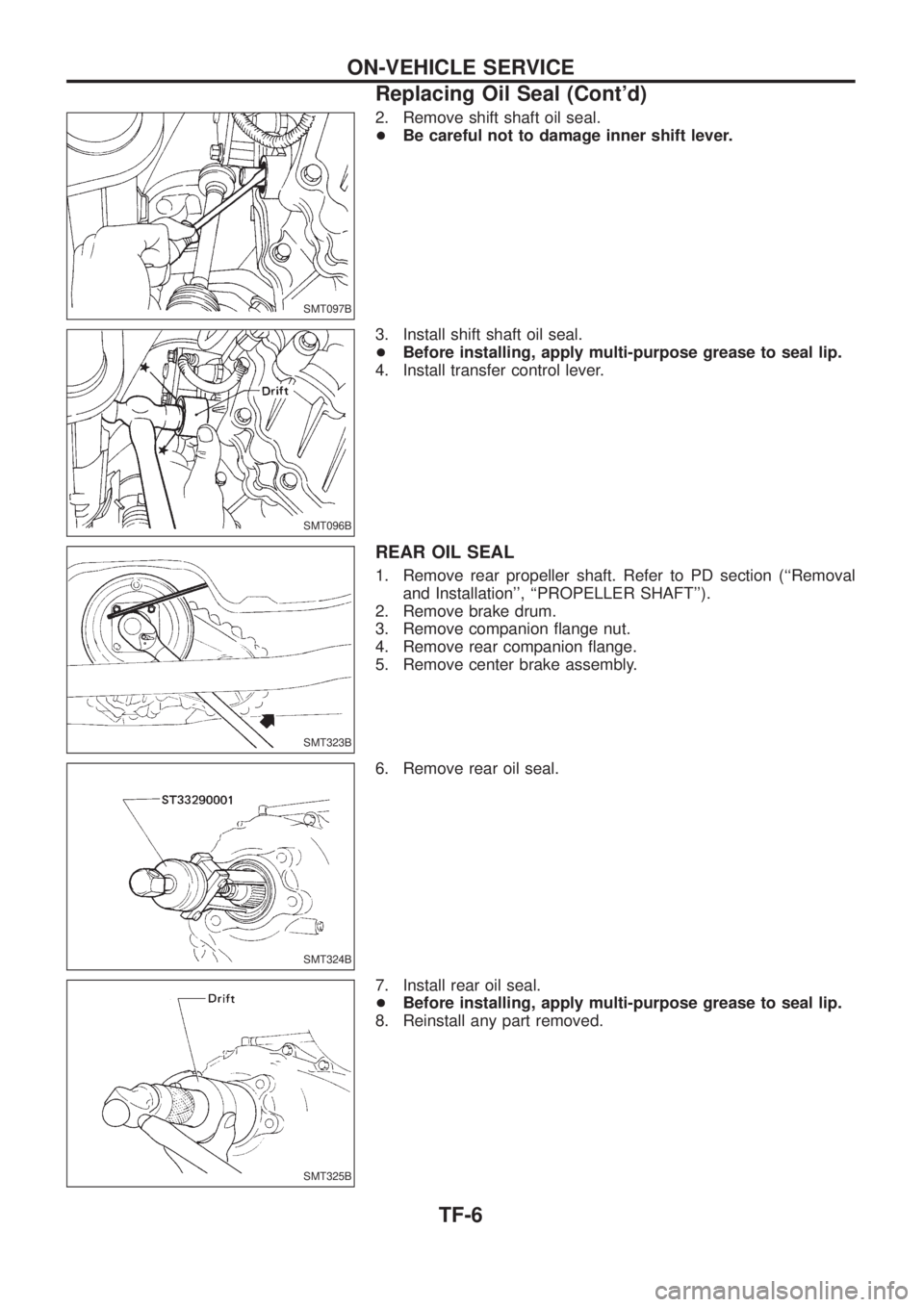 NISSAN PATROL 2006  Service Manual 2. Remove shift shaft oil seal.
+Be careful not to damage inner shift lever.
3. Install shift shaft oil seal.
+Before installing, apply multi-purpose grease to seal lip.
4. Install transfer control le