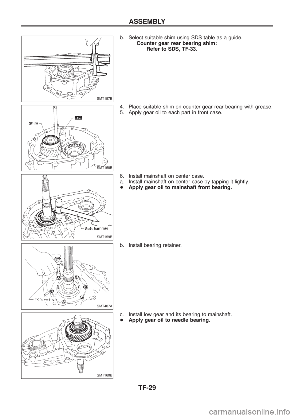 NISSAN PATROL 2006  Service Manual b. Select suitable shim using SDS table as a guide.
Counter gear rear bearing shim:
Refer to SDS, TF-33.
4. Place suitable shim on counter gear rear bearing with grease.
5. Apply gear oil to each part