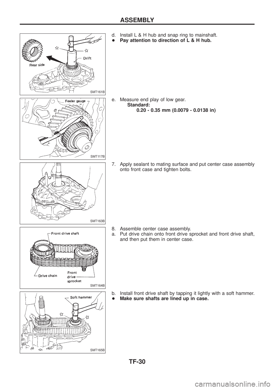 NISSAN PATROL 2006  Service Manual d. Install L & H hub and snap ring to mainshaft.
+Pay attention to direction of L & H hub.
e. Measure end play of low gear.
Standard:
0.20 - 0.35 mm (0.0079 - 0.0138 in)
7. Apply sealant to mating sur