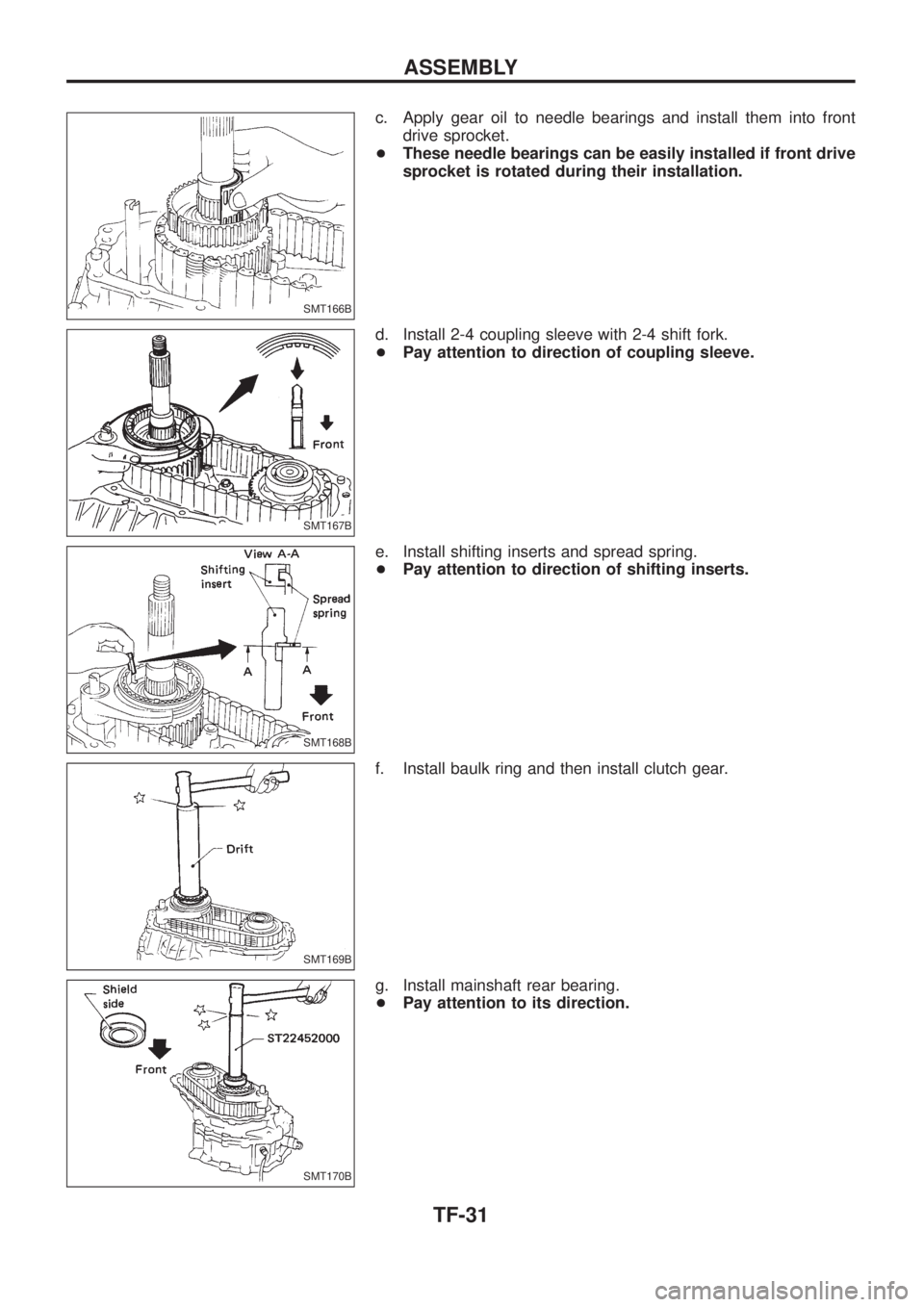 NISSAN PATROL 2006  Service Manual c. Apply gear oil to needle bearings and install them into front
drive sprocket.
+These needle bearings can be easily installed if front drive
sprocket is rotated during their installation.
d. Install