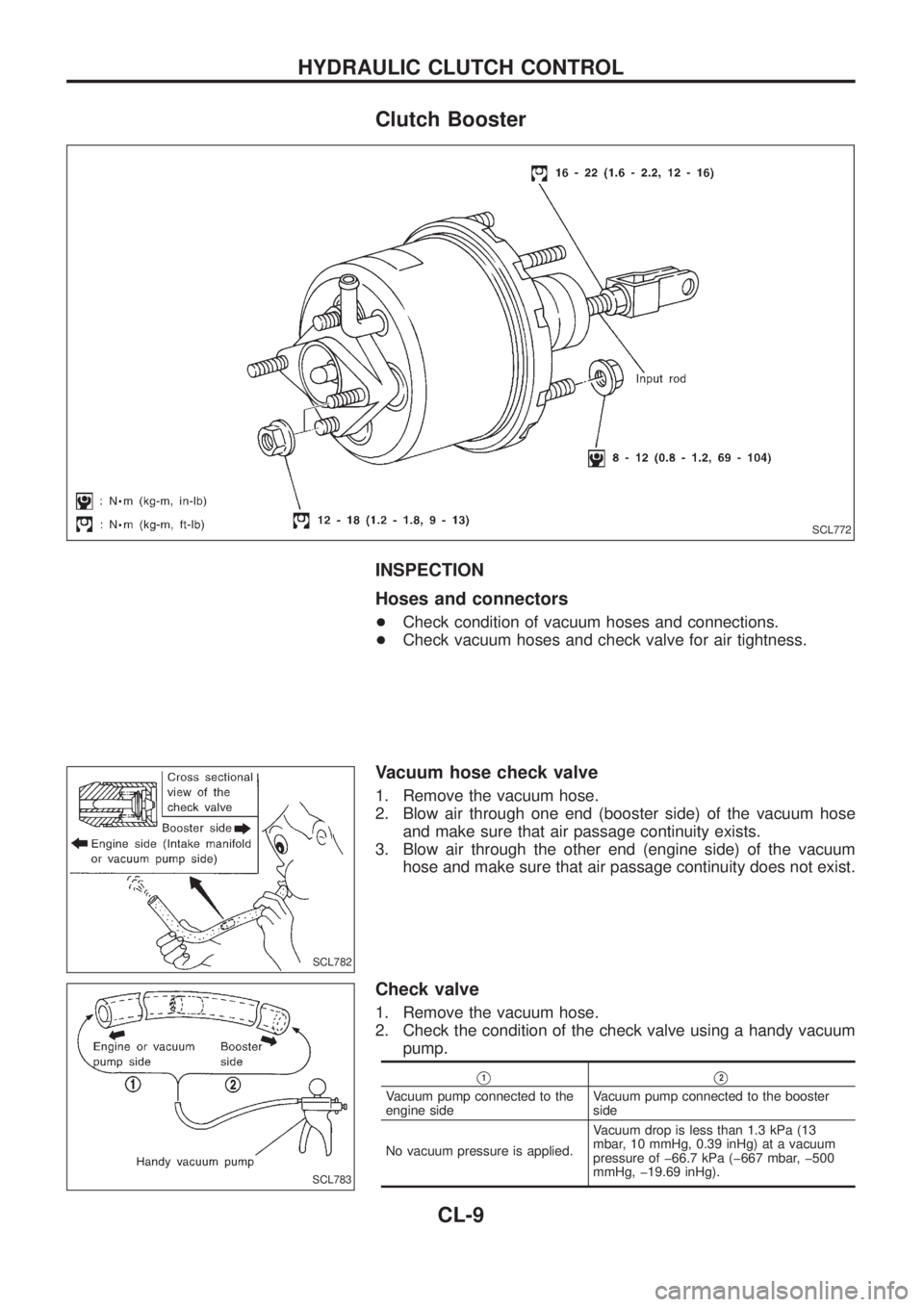 NISSAN PATROL 2006  Service Manual Clutch Booster
INSPECTION
Hoses and connectors
+Check condition of vacuum hoses and connections.
+Check vacuum hoses and check valve for air tightness.
Vacuum hose check valve
1. Remove the vacuum hos