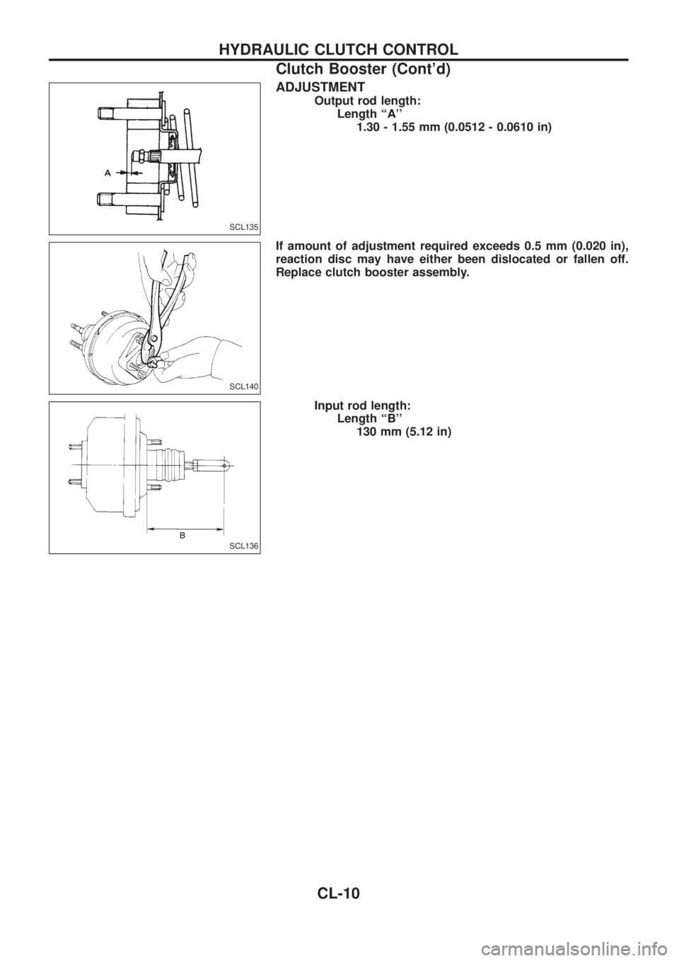 NISSAN PATROL 2006  Service Manual ADJUSTMENT
Output rod length:
Length ``A
1.30 - 1.55 mm (0.0512 - 0.0610 in)
If amount of adjustment required exceeds 0.5 mm (0.020 in),
reaction disc may have either been dislocated or fallen off.
