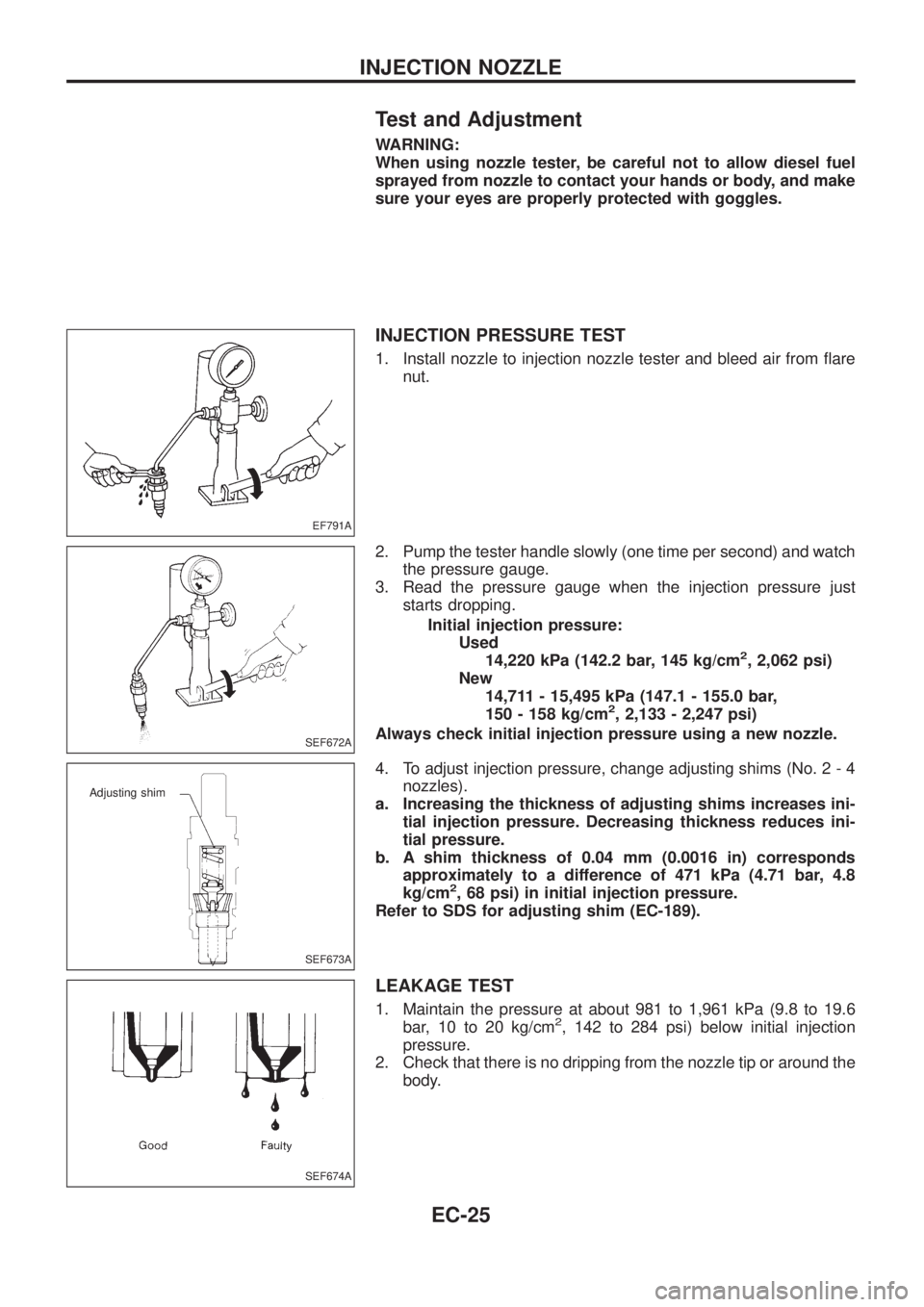 NISSAN PATROL 2006  Service Manual Test and Adjustment
WARNING:
When using nozzle tester, be careful not to allow diesel fuel
sprayed from nozzle to contact your hands or body, and make
sure your eyes are properly protected with goggle