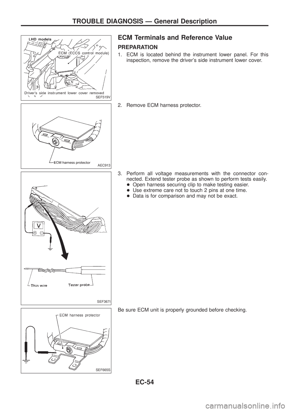 NISSAN PATROL 2006  Service Manual ECM Terminals and Reference Value
PREPARATION
1. ECM is located behind the instrument lower panel. For this
inspection, remove the drivers side instrument lower cover.
2. Remove ECM harness protector