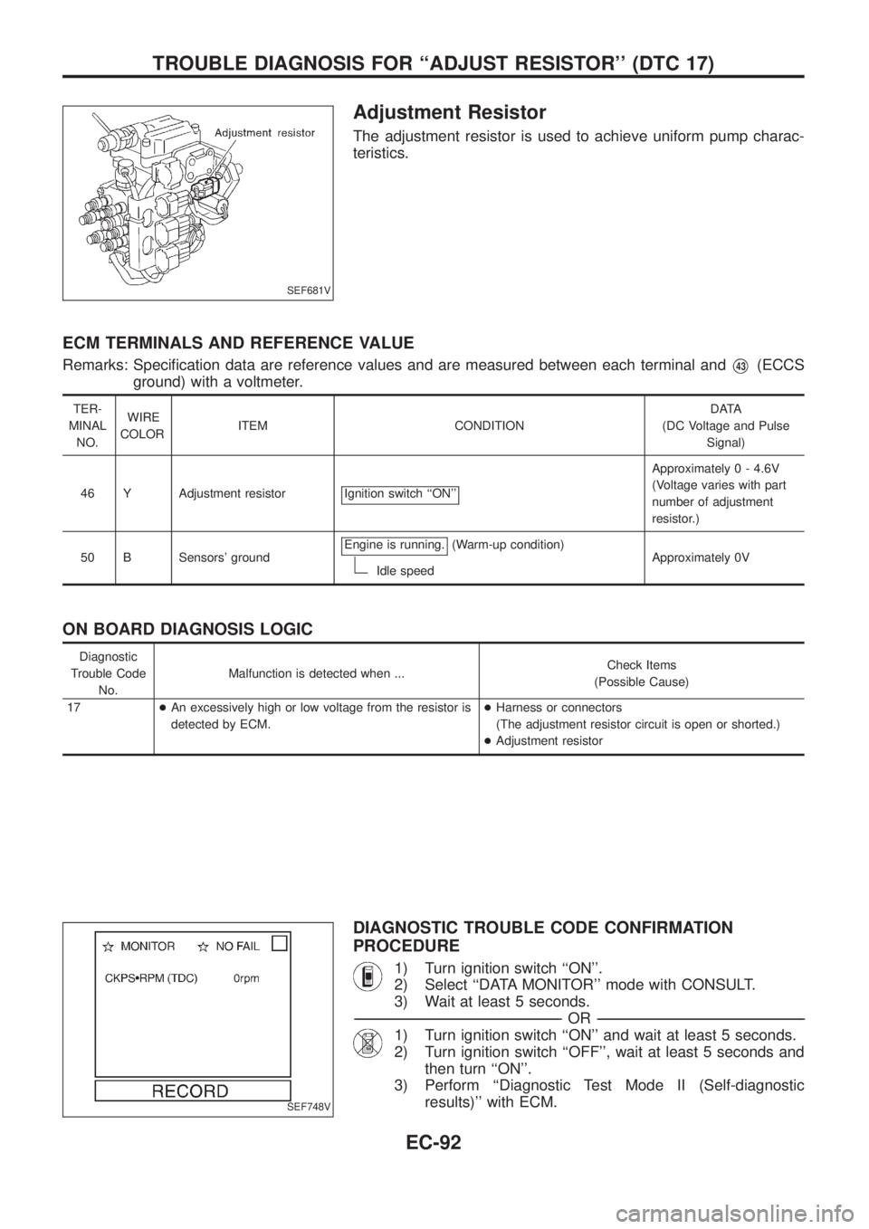 NISSAN PATROL 2006  Service Manual Adjustment Resistor
The adjustment resistor is used to achieve uniform pump charac-
teristics.
ECM TERMINALS AND REFERENCE VALUE
Remarks: Speci®cation data are reference values and are measured betwe
