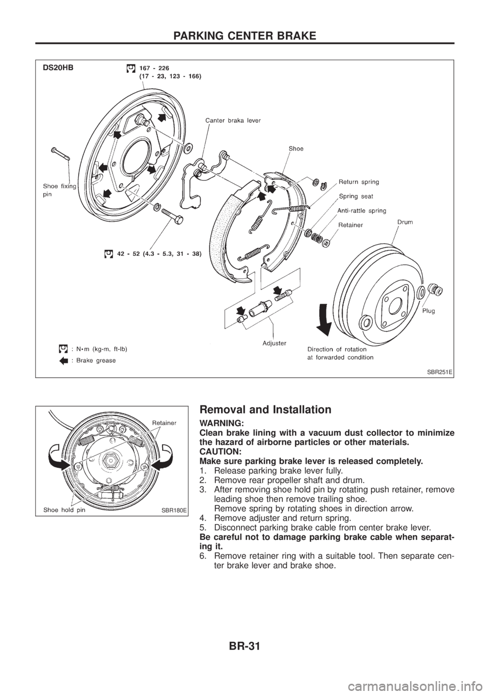 NISSAN PATROL 2006  Service Manual Removal and Installation
WARNING:
Clean brake lining with a vacuum dust collector to minimize
the hazard of airborne particles or other materials.
CAUTION:
Make sure parking brake lever is released co