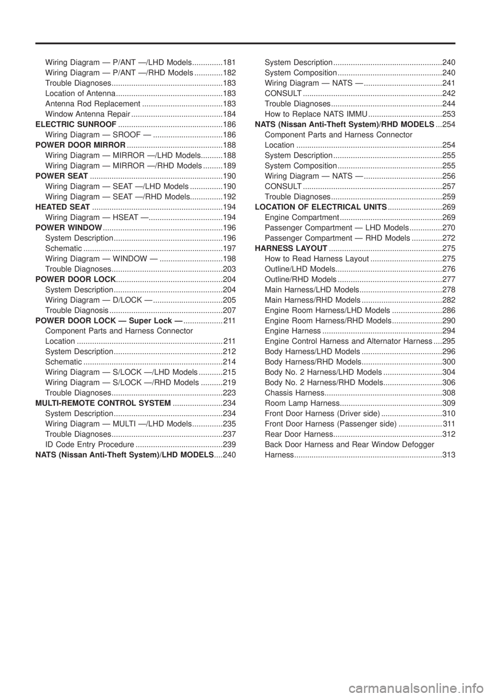 NISSAN PATROL 2006 Service Manual Wiring Diagram Ð P/ANT Ð/LHD Models..............181
Wiring Diagram Ð P/ANT Ð/RHD Models .............182
Trouble Diagnoses...................................................183
Location of Antenn NISSAN PATROL 2006 Service Manual Wiring Diagram Ð P/ANT Ð/LHD Models..............181
Wiring Diagram Ð P/ANT Ð/RHD Models .............182
Trouble Diagnoses...................................................183
Location of Antenn