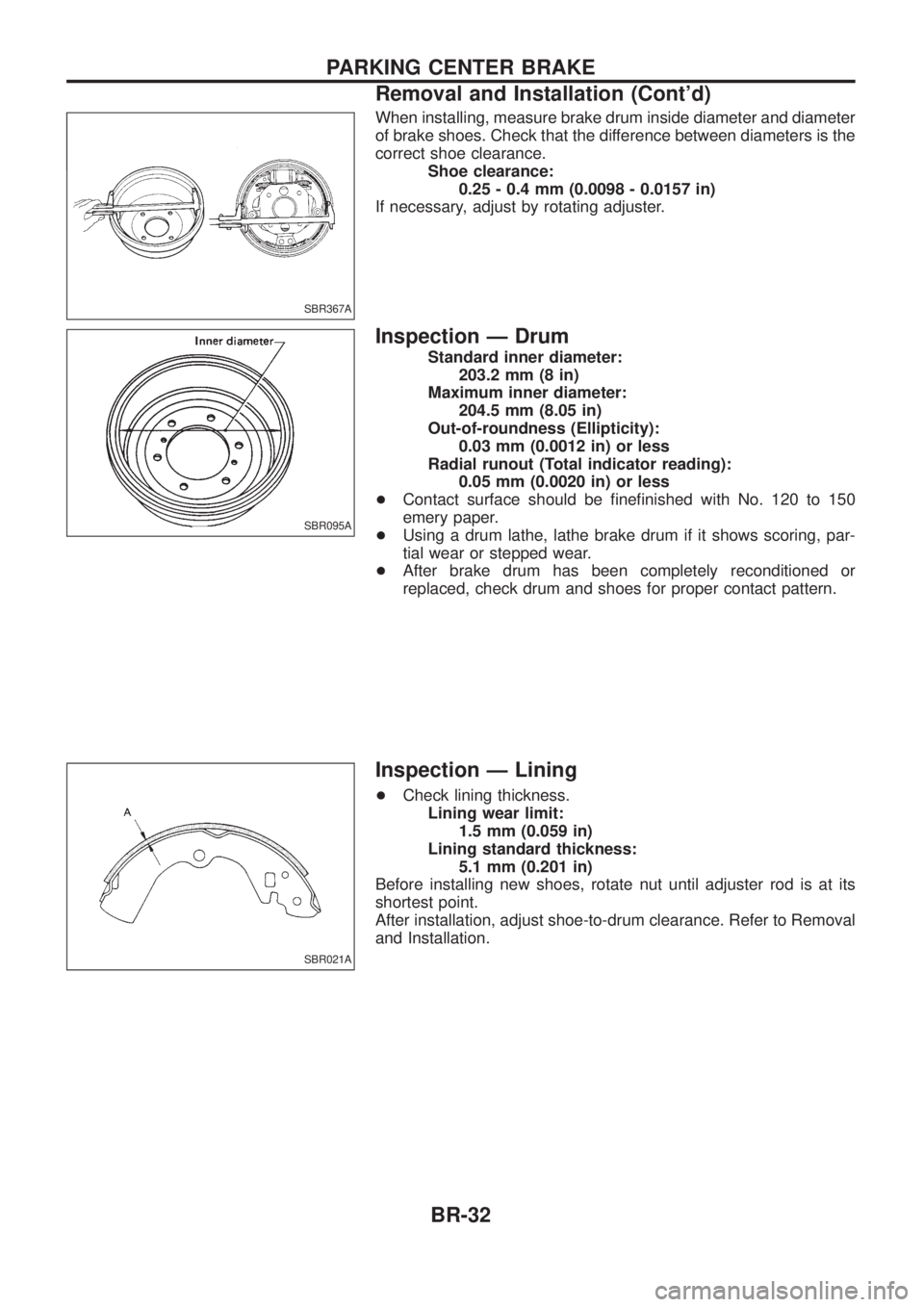 NISSAN PATROL 2006  Service Manual When installing, measure brake drum inside diameter and diameter
of brake shoes. Check that the difference between diameters is the
correct shoe clearance.Shoe clearance:0.25 - 0.4 mm (0.0098 - 0.0157