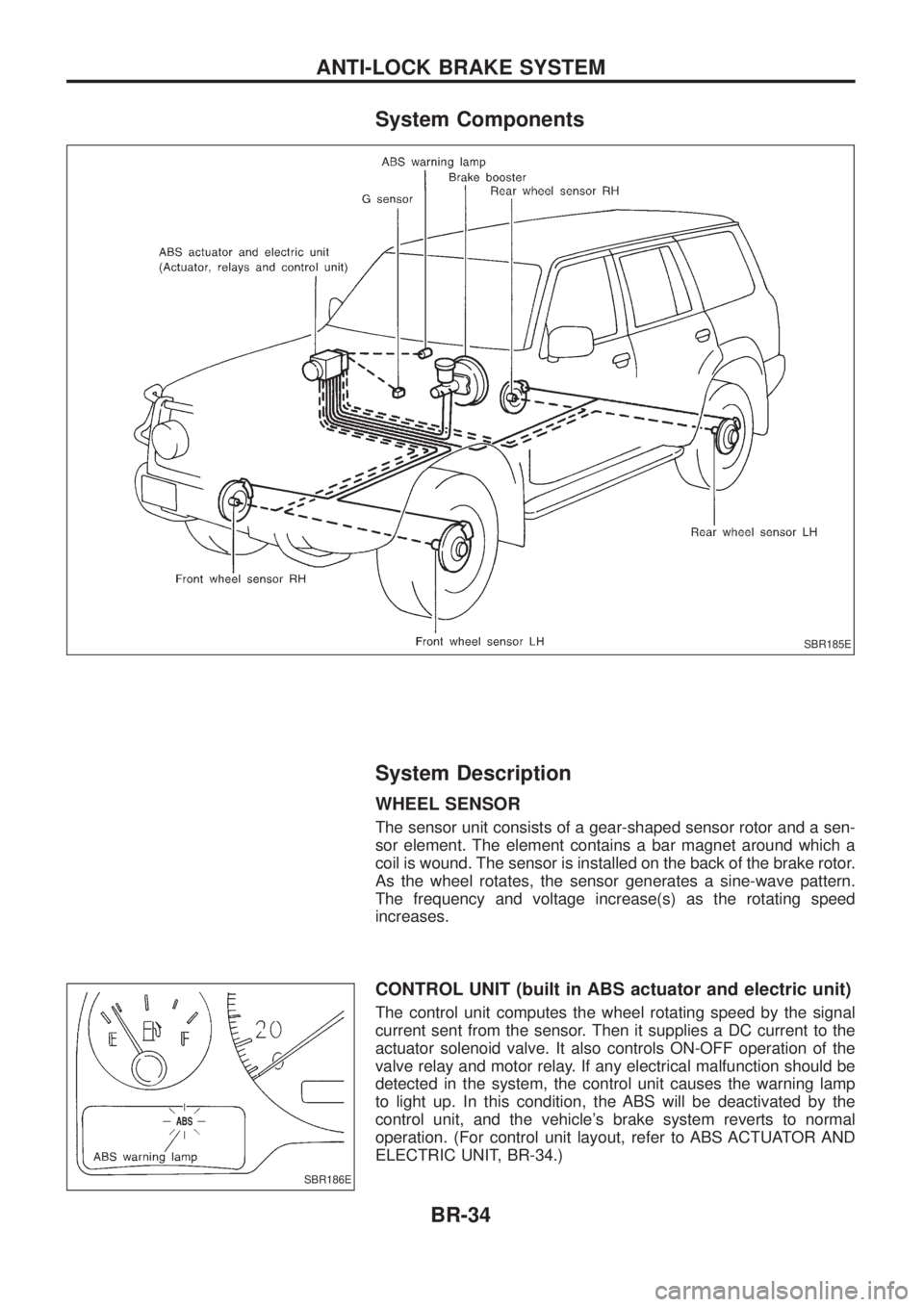 NISSAN PATROL 2006  Service Manual System Components
System Description
WHEEL SENSOR
The sensor unit consists of a gear-shaped sensor rotor and a sen-
sor element. The element contains a bar magnet around which a
coil is wound. The sen
