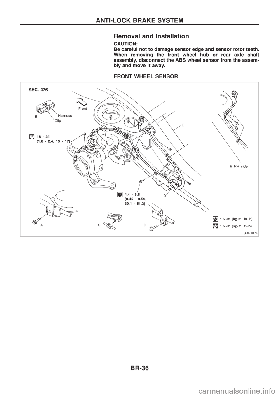 NISSAN PATROL 2006  Service Manual Removal and Installation
CAUTION:
Be careful not to damage sensor edge and sensor rotor teeth.
When removing the front wheel hub or rear axle shaft
assembly, disconnect the ABS wheel sensor from the a