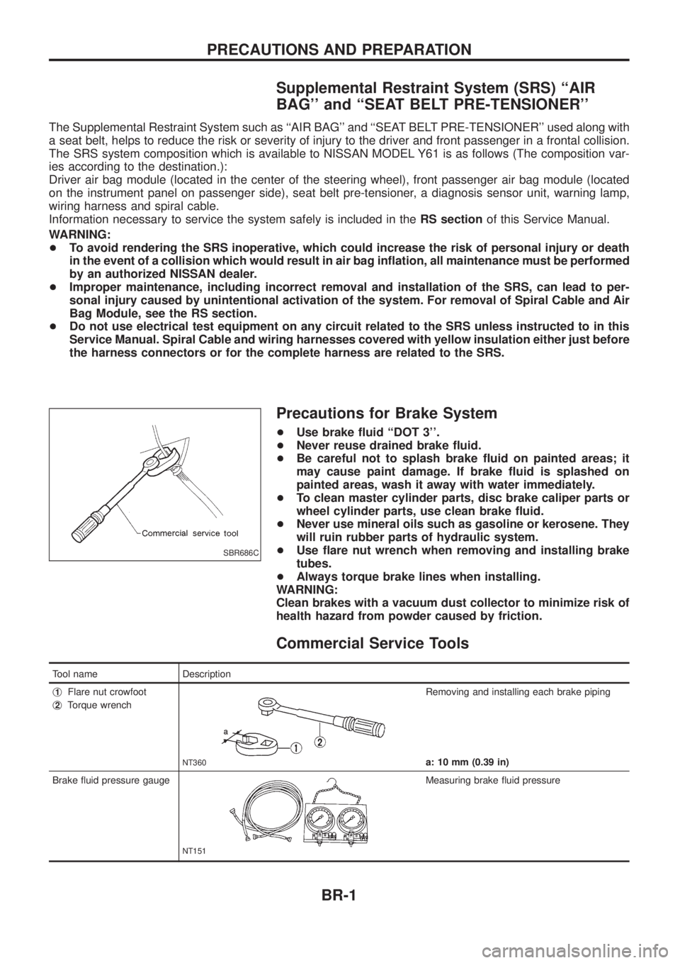 NISSAN PATROL 2006 Service Manual Supplemental Restraint System (SRS) ``AIR
BAG and ``SEAT BELT PRE-TENSIONER
The Supplemental Restraint System such as ``AIR BAG and ``SEAT BELT PRE-TENSIONER used along with
a seat belt, helps NISSAN PATROL 2006 Service Manual Supplemental Restraint System (SRS) ``AIR
BAG and ``SEAT BELT PRE-TENSIONER
The Supplemental Restraint System such as ``AIR BAG and ``SEAT BELT PRE-TENSIONER used along with
a seat belt, helps