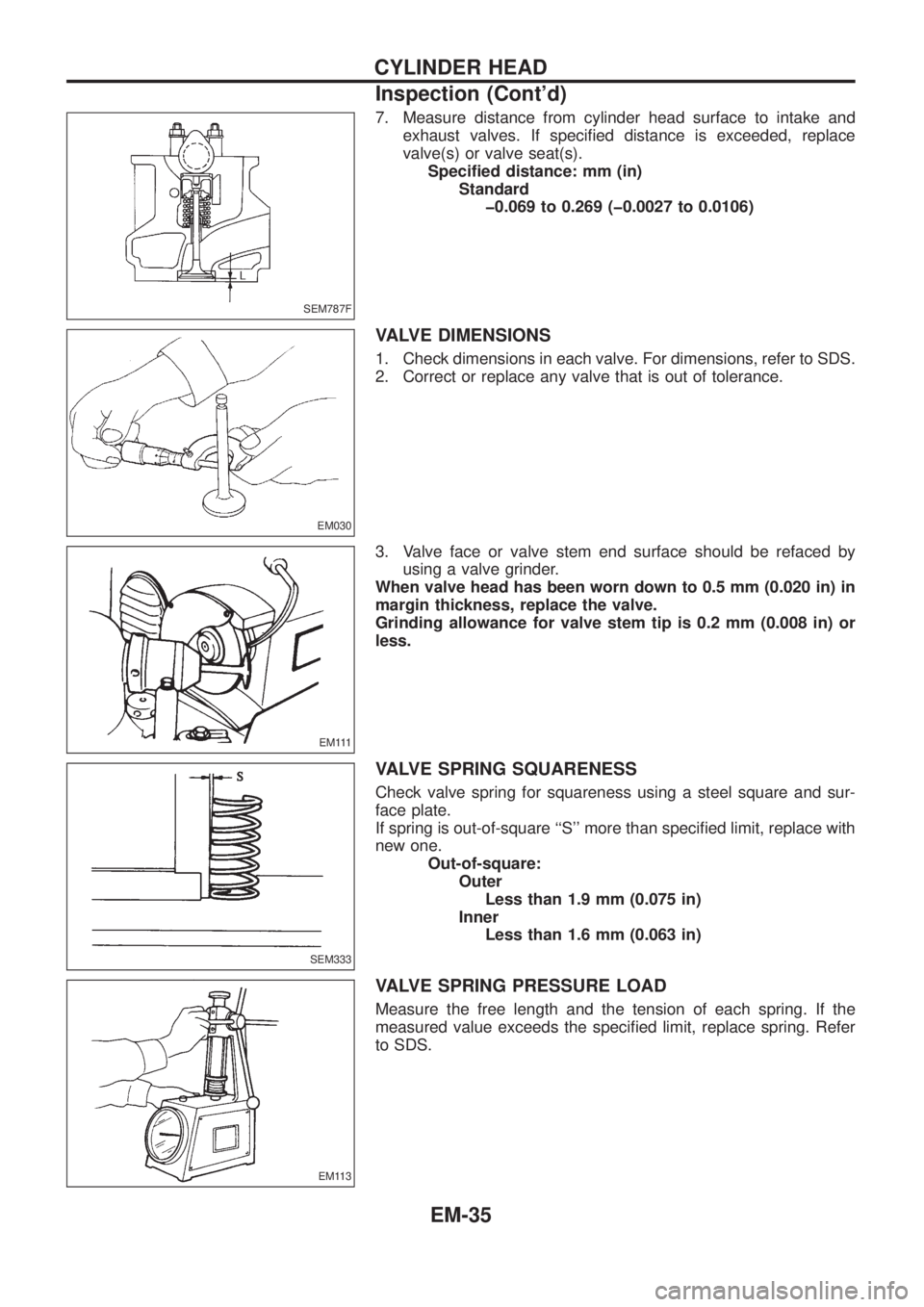 NISSAN PATROL 2006  Service Manual 7. Measure distance from cylinder head surface to intake and
exhaust valves. If speci®ed distance is exceeded, replace
valve(s) or valve seat(s).
Speci®ed distance: mm (in)
Standard
þ0.069 to 0.269