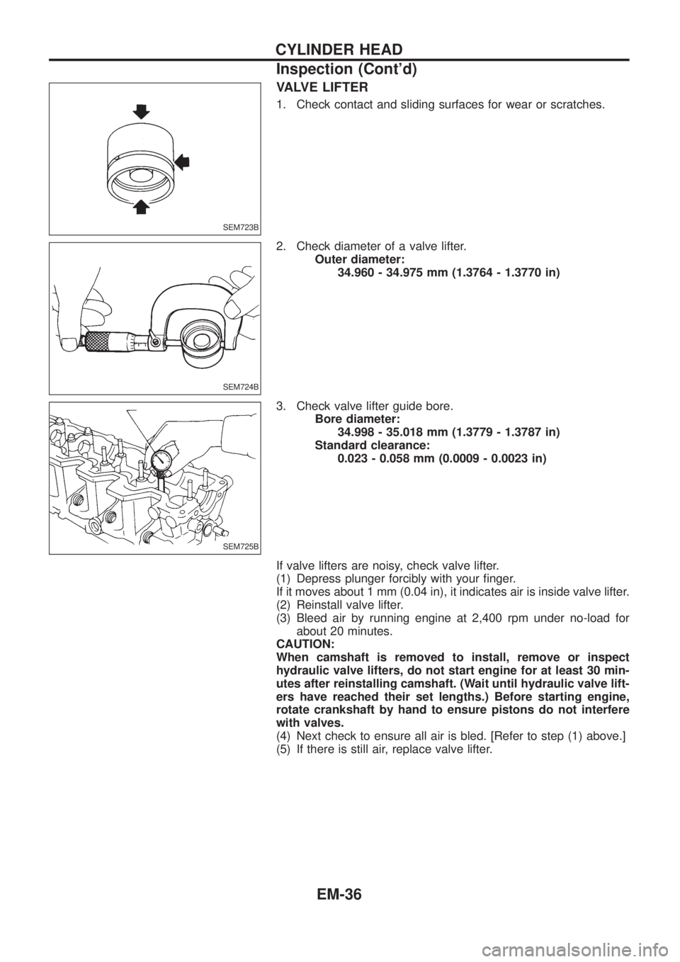 NISSAN PATROL 2006  Service Manual VALVE LIFTER
1. Check contact and sliding surfaces for wear or scratches.
2. Check diameter of a valve lifter.
Outer diameter:
34.960 - 34.975 mm (1.3764 - 1.3770 in)
3. Check valve lifter guide bore.