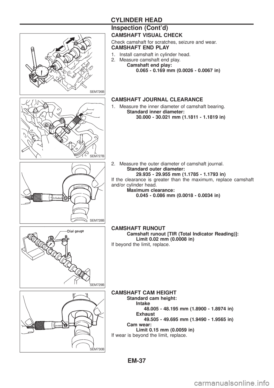 NISSAN PATROL 2006  Service Manual CAMSHAFT VISUAL CHECK
Check camshaft for scratches, seizure and wear.
CAMSHAFT END PLAY
1. Install camshaft in cylinder head.
2. Measure camshaft end play.
Camshaft end play:
0.065 - 0.169 mm (0.0026 