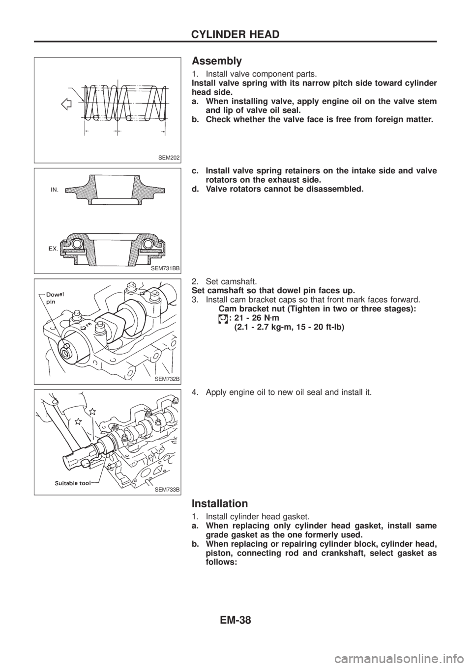 NISSAN PATROL 2006  Service Manual Assembly
1. Install valve component parts.
Install valve spring with its narrow pitch side toward cylinder
head side.
a. When installing valve, apply engine oil on the valve stem
and lip of valve oil 