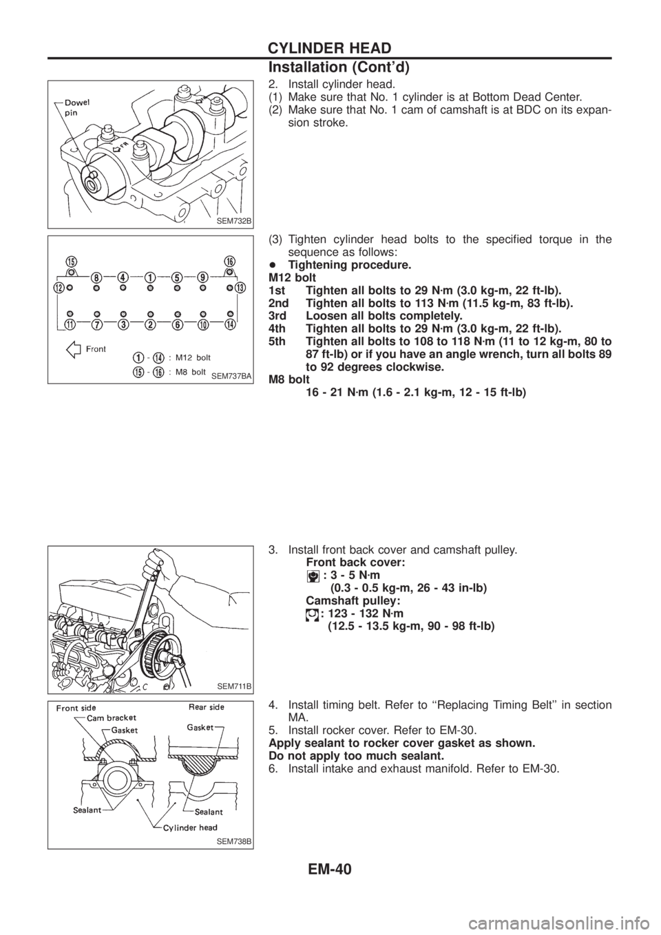 NISSAN PATROL 2006  Service Manual 2. Install cylinder head.
(1) Make sure that No. 1 cylinder is at Bottom Dead Center.
(2) Make sure that No. 1 cam of camshaft is at BDC on its expan-
sion stroke.
(3) Tighten cylinder head bolts to t