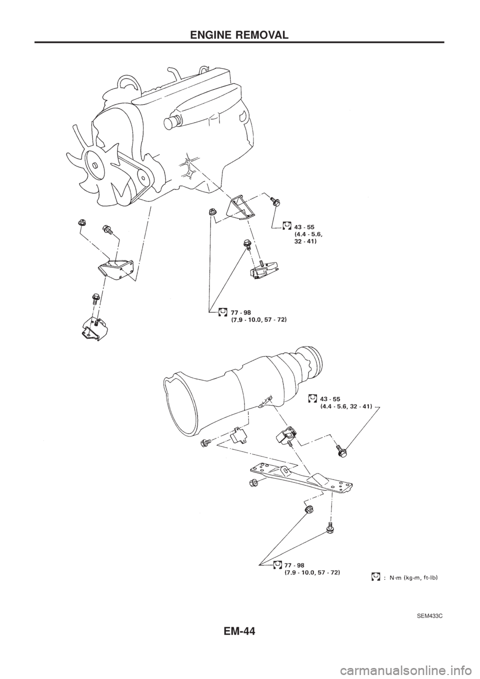 NISSAN PATROL 2006  Service Manual SEM433C
ENGINE REMOVAL
EM-44 