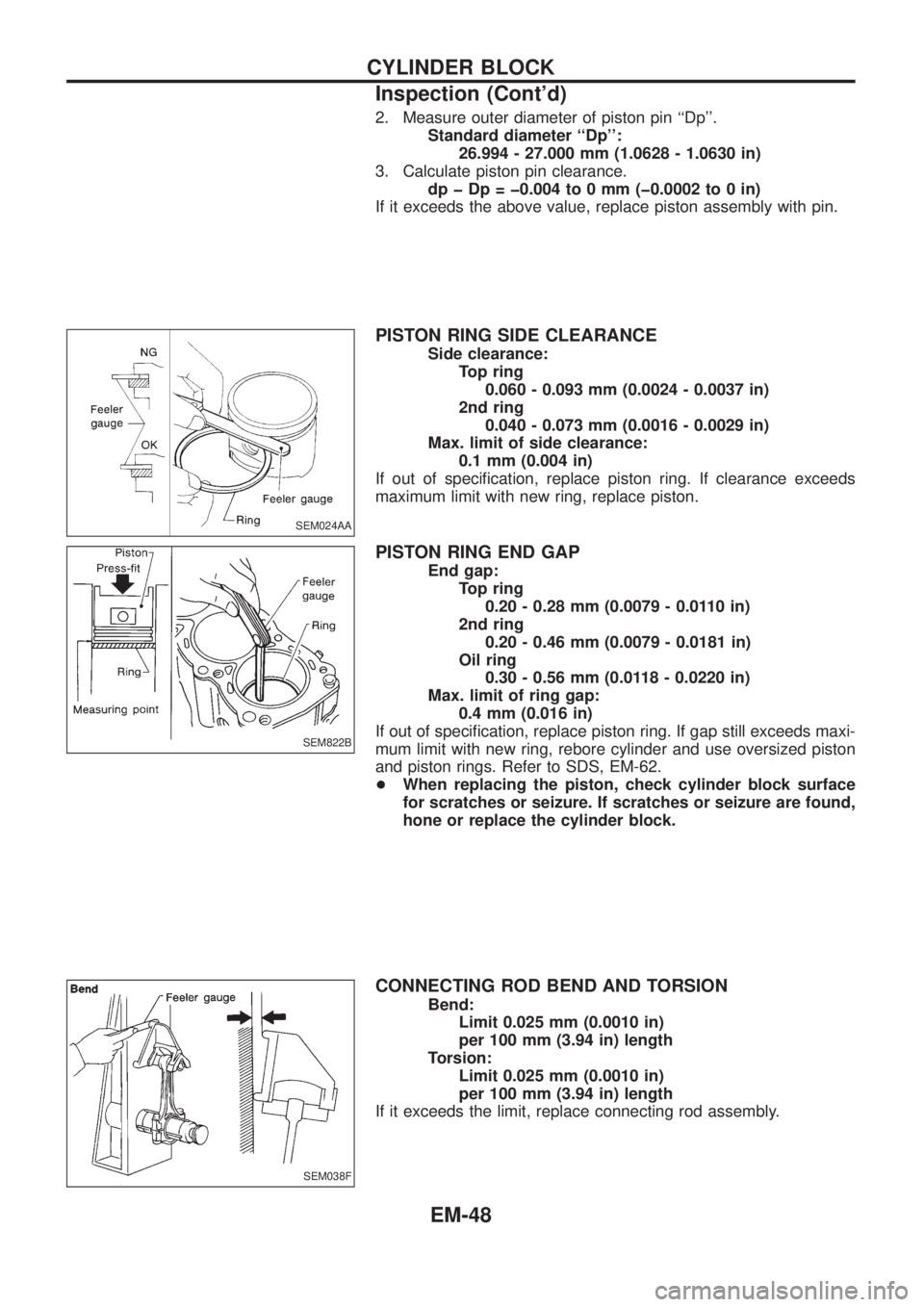 NISSAN PATROL 2006  Service Manual 2. Measure outer diameter of piston pin ``Dp.
Standard diameter ``Dp:
26.994 - 27.000 mm (1.0628 - 1.0630 in)
3. Calculate piston pin clearance.
dp þ Dp = þ0.004 to 0 mm (þ0.0002 to 0 in)
If it