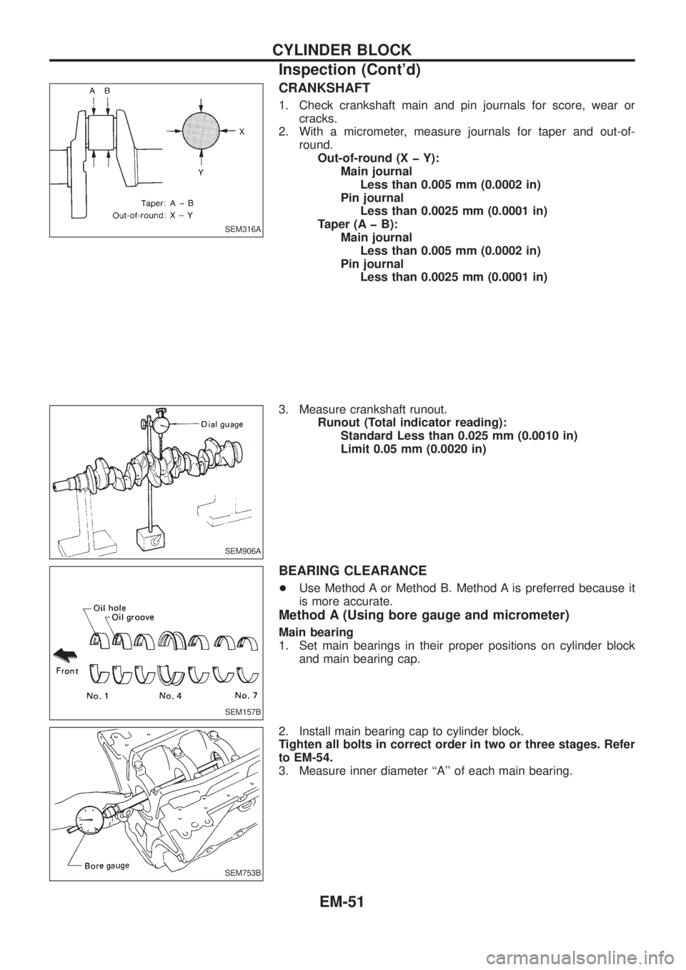NISSAN PATROL 2006  Service Manual CRANKSHAFT
1. Check crankshaft main and pin journals for score, wear or
cracks.
2. With a micrometer, measure journals for taper and out-of-
round.
Out-of-round (X þ Y):
Main journal
Less than 0.005 